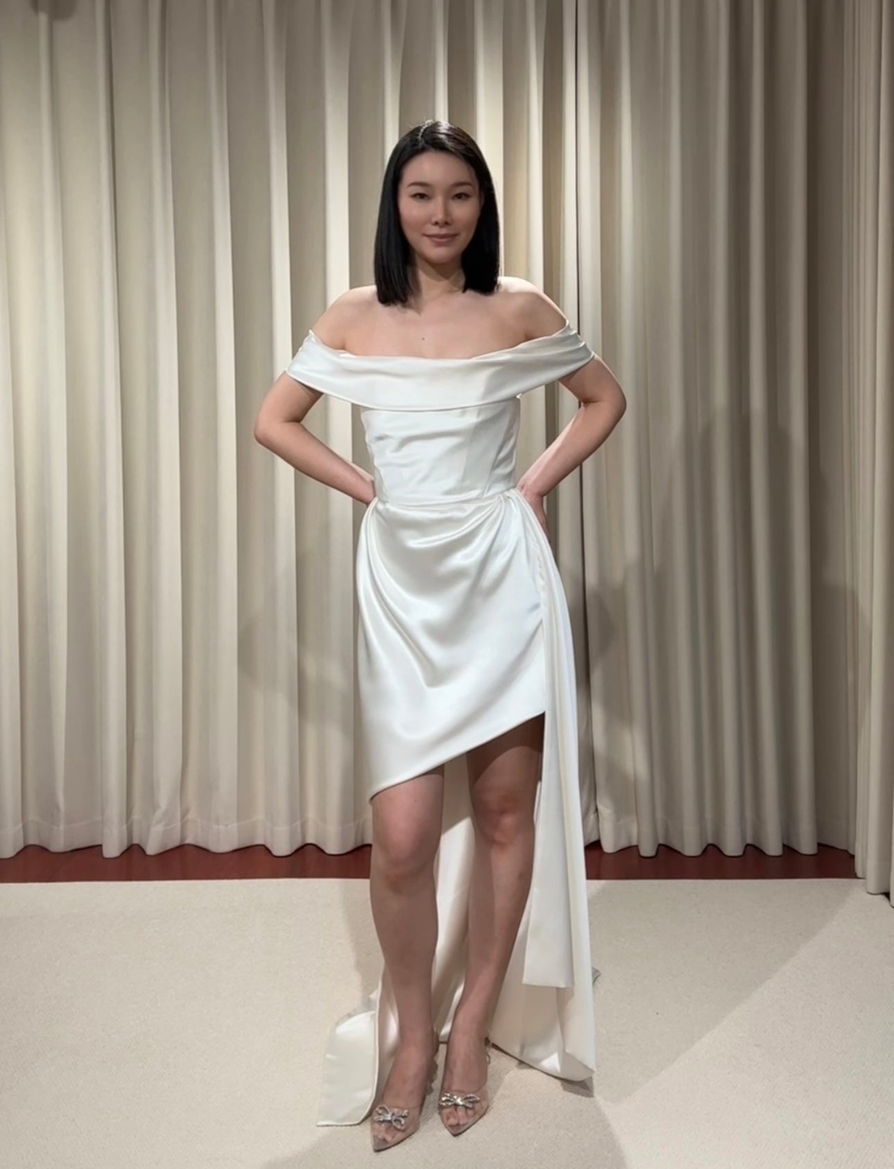 Stella | Minimalist Off the Shoulder High Low Satin Wedding Prom Dress, Custom Simple Elegant Gown Courthouse Civil Wedding Reception Elopement Dress