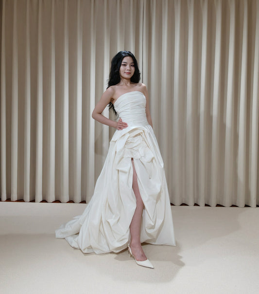 Unique High Low Satin Flower Shape Wedding Bridal Dress, Custom Minimalist Simple Elegant Prom Party Gown