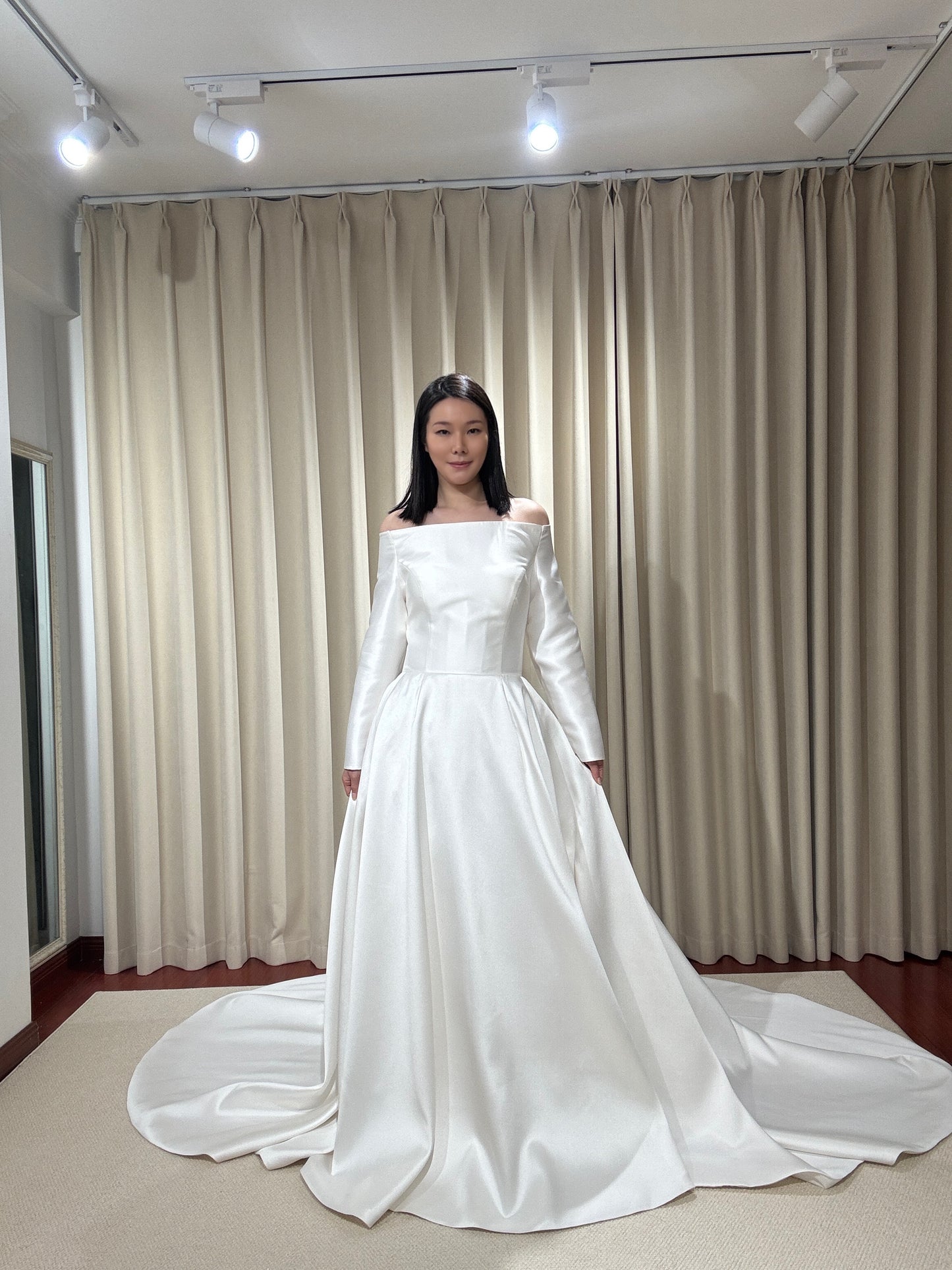 Jasmin | Off the Shoulder Long Sleeve Satin Ball Gown Wedding Dress