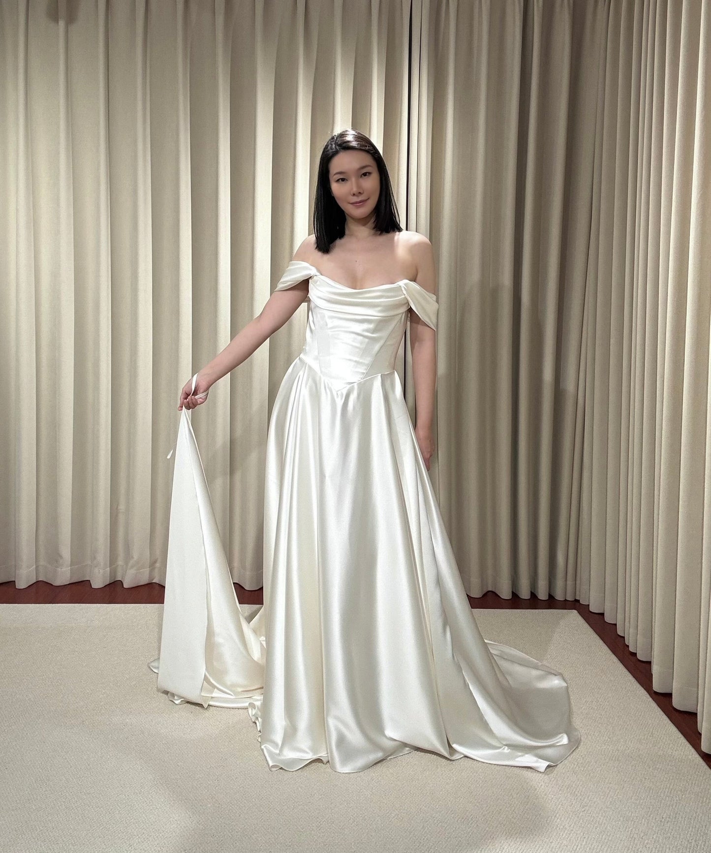 Adrea | Off the Shoulder Satin Corset Basque Waist Ball Gown Wedding Dress
