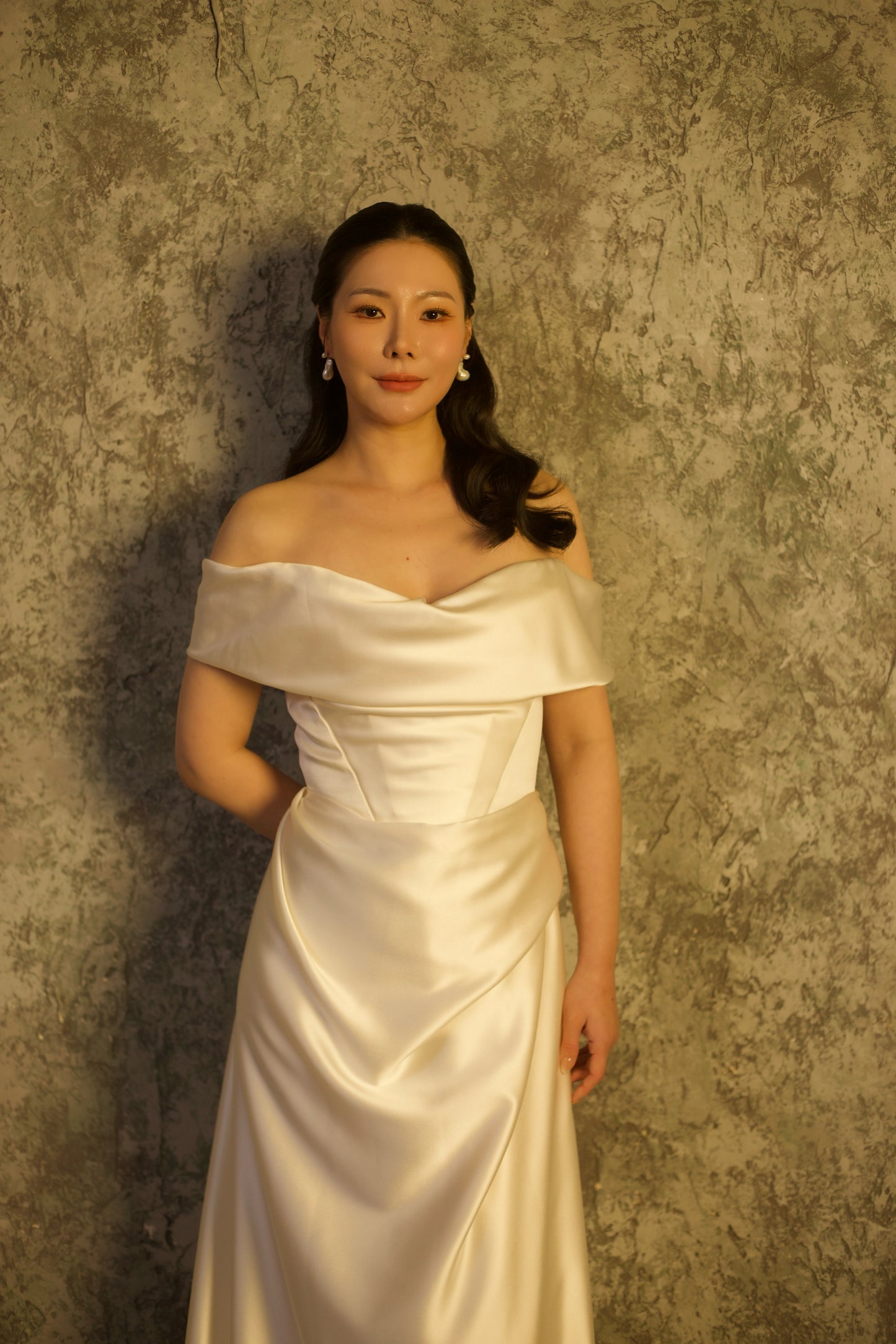 Luna | Off Shoulder Satin Corset Wedding Dress with Slit