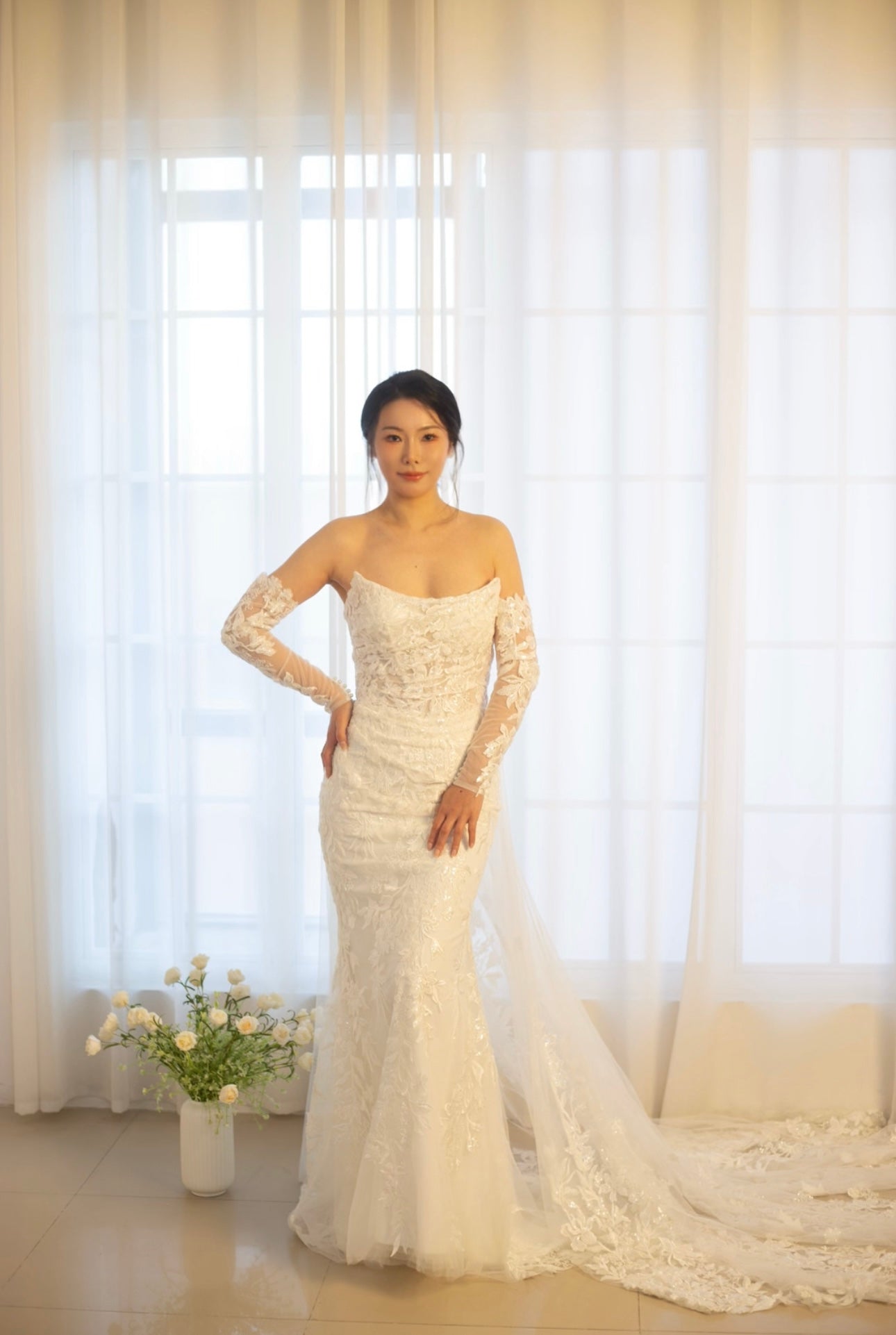 Athena | Minimalist Floral Corset Mermaid Wedding Prom Dress, Custom Simple Romantic Courthouse Civil Reception Dress Casual Elopement Rehearsal Gown