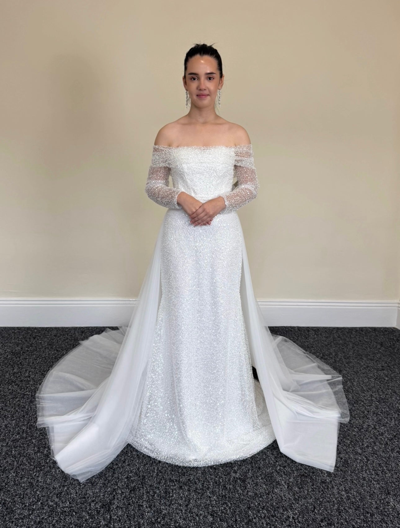 Gloria | Off the Shoulder Long Sleeve Corset Mermaid Wedding Bridal Dress with Detachable Train, Custom sparkling reception dress, courthouse wedding