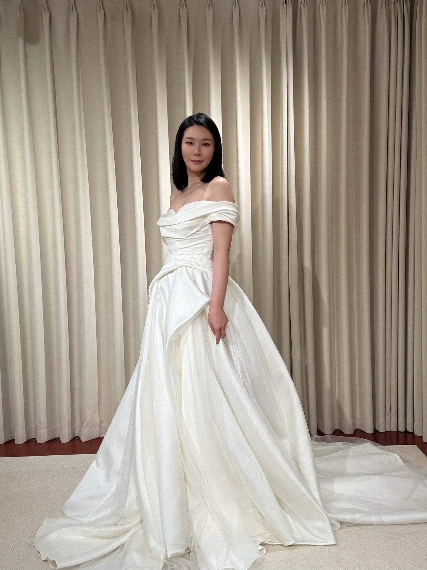 Anastasia | Off the Shoulder Satin Corset Drop Waist Wedding Dress