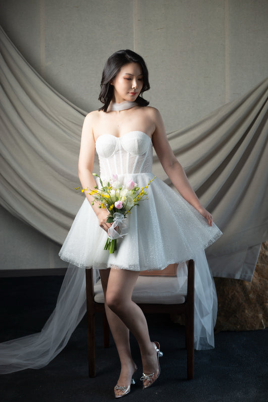 Alice | Sparkle Sequins Corset Short Wedding Dress with Detachable Sleeves