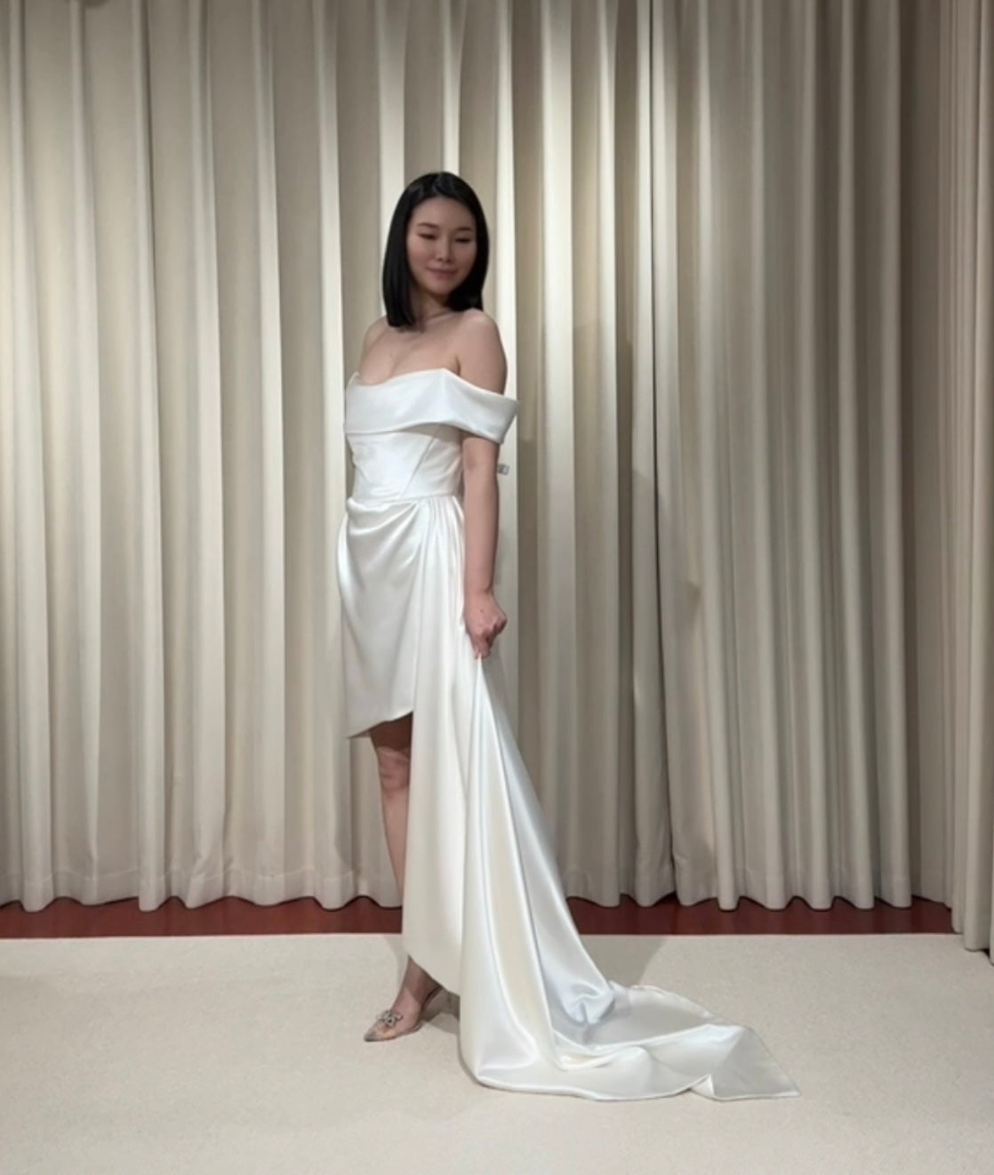 Stella | Minimalist Off the Shoulder High Low Satin Wedding Prom Dress, Custom Simple Elegant Gown Courthouse Civil Wedding Reception Elopement Dress