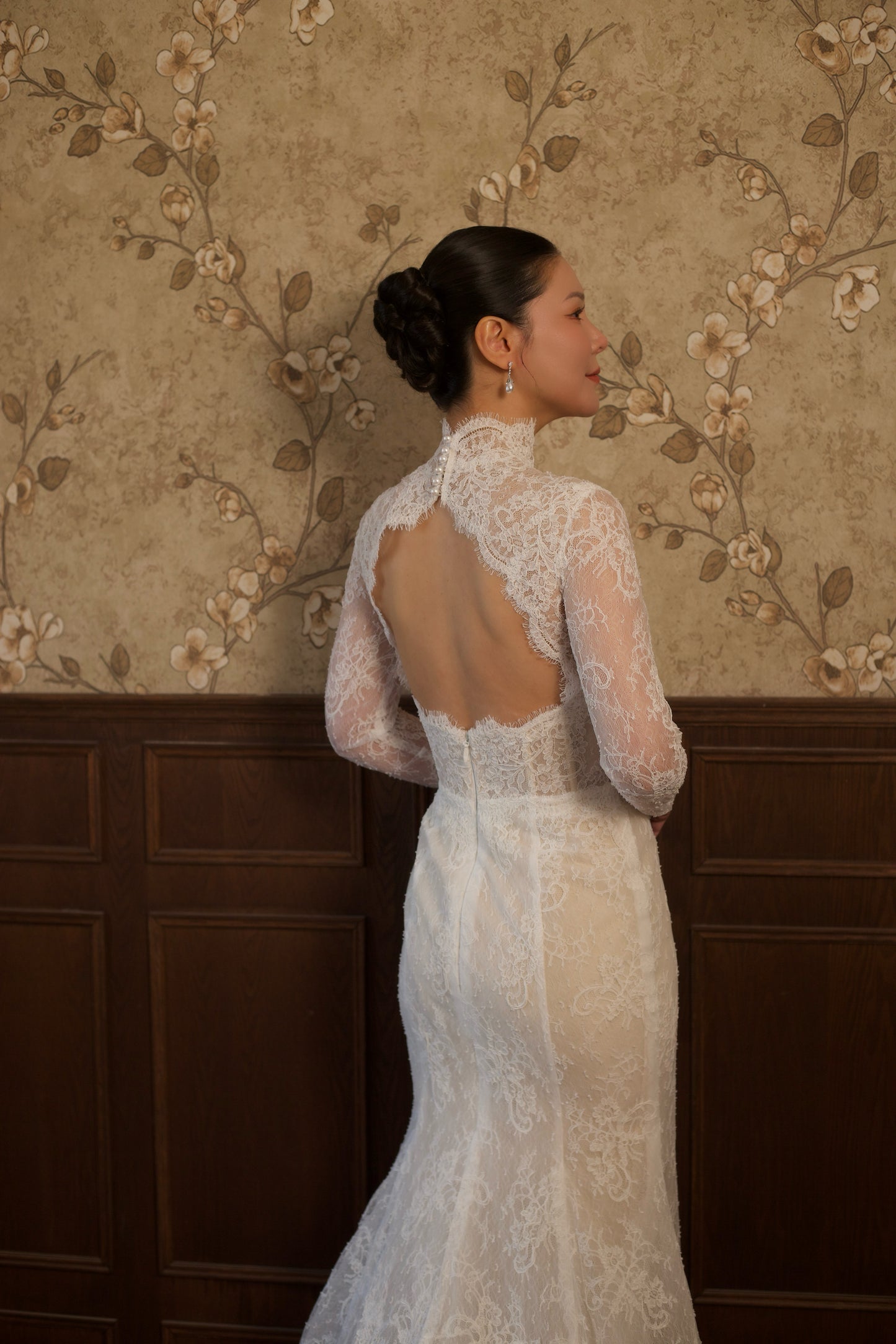 Eloise | High Neck Long Sleeve Lace Corset Mermaid Wedding Dress with Open Back