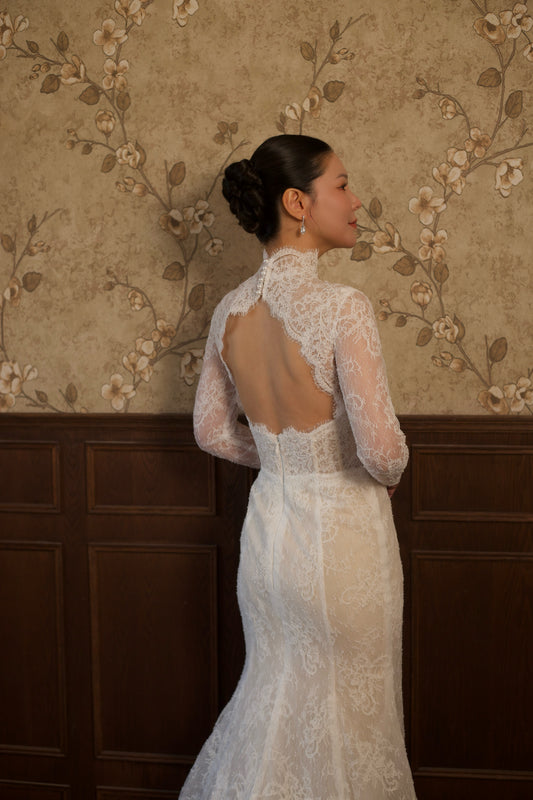 Eloise | High Neck Long Sleeve Lace Corset Mermaid Wedding Dress with Open Back