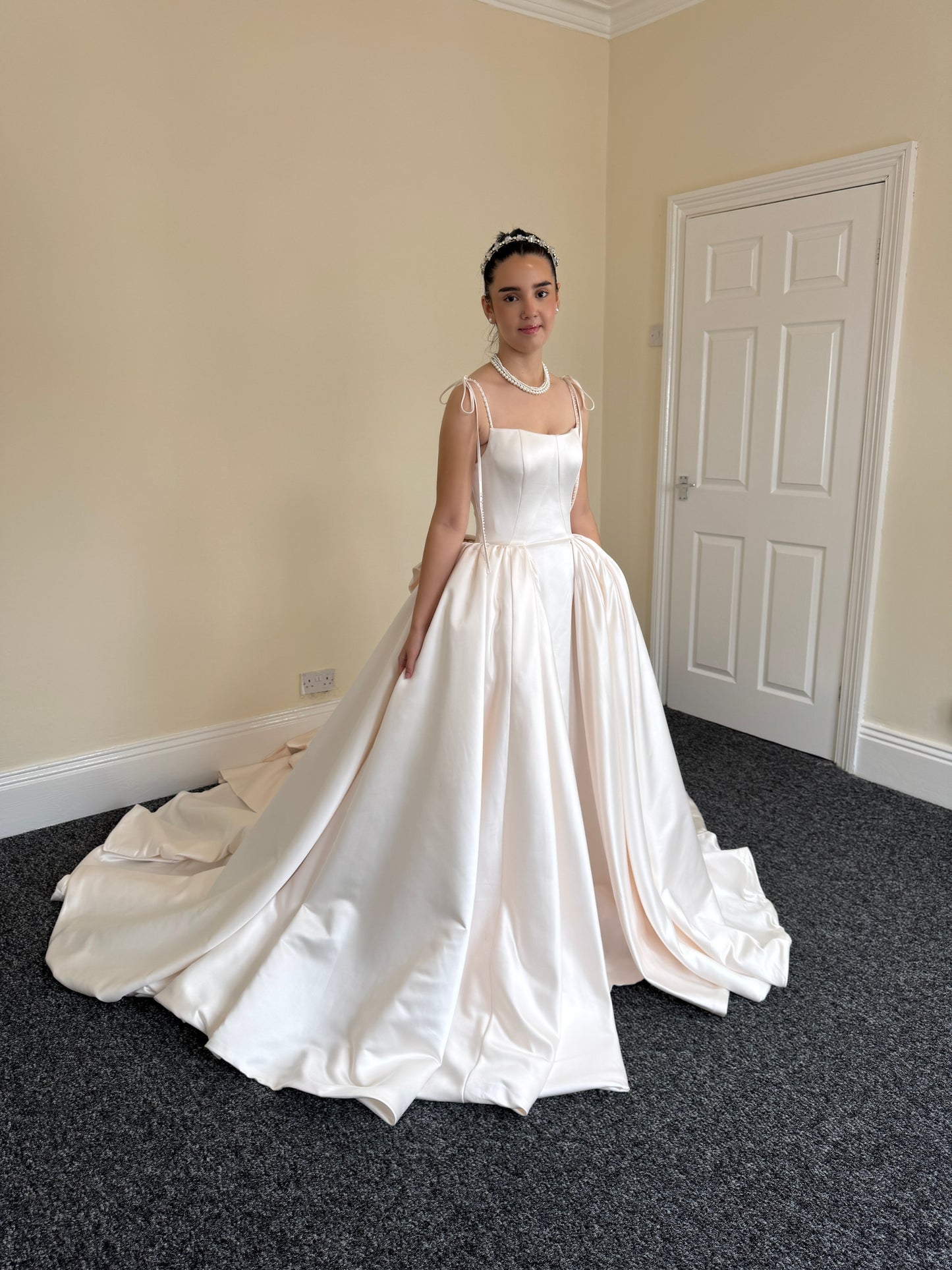 Lilibet | Blush Satin Ball Gown Wedding Dress with Detachable Bow