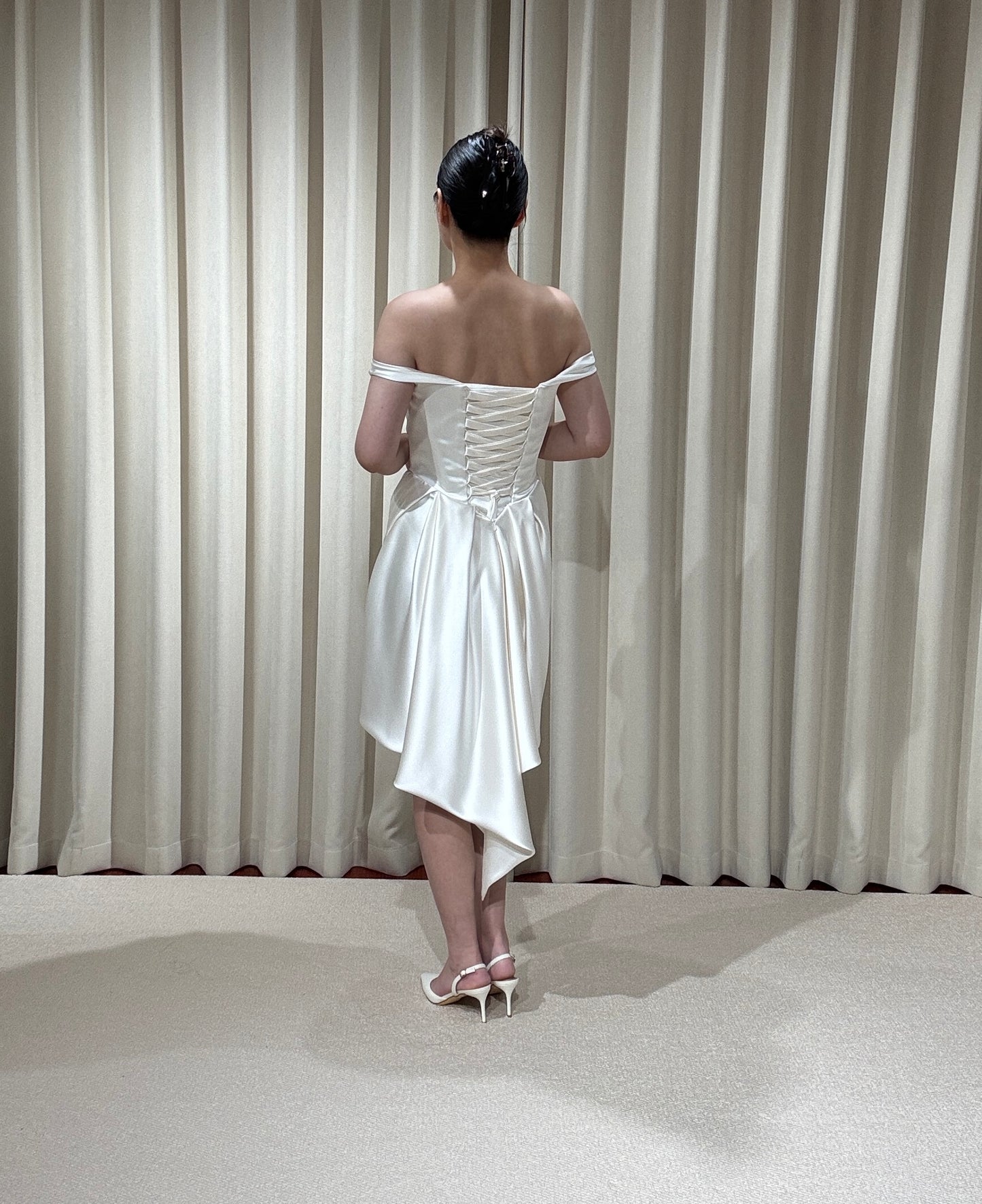 Blaire | Minimalist Off Shoulder Satin Corset Short Wedding Dress