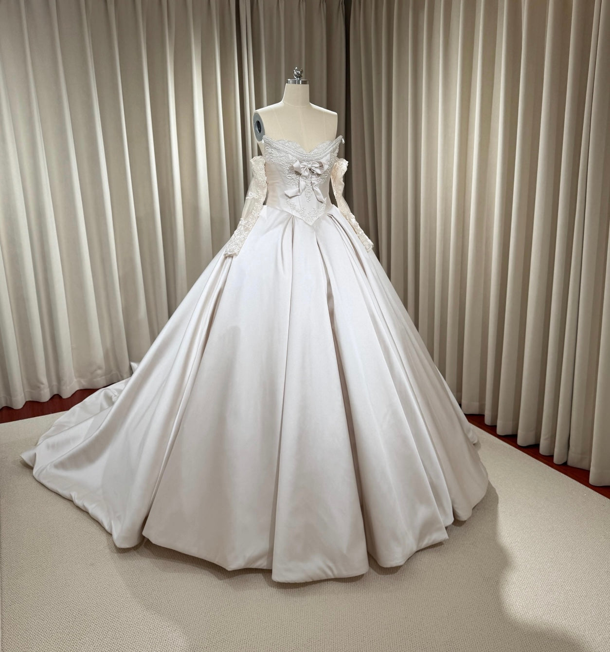 Victoria | Long Sleeve Satin Corset Wedding Dress w Pearls, Classic Romantic Elegant Princess Ball Gown, Custom Modest Courthouse Civil Wedding Dress