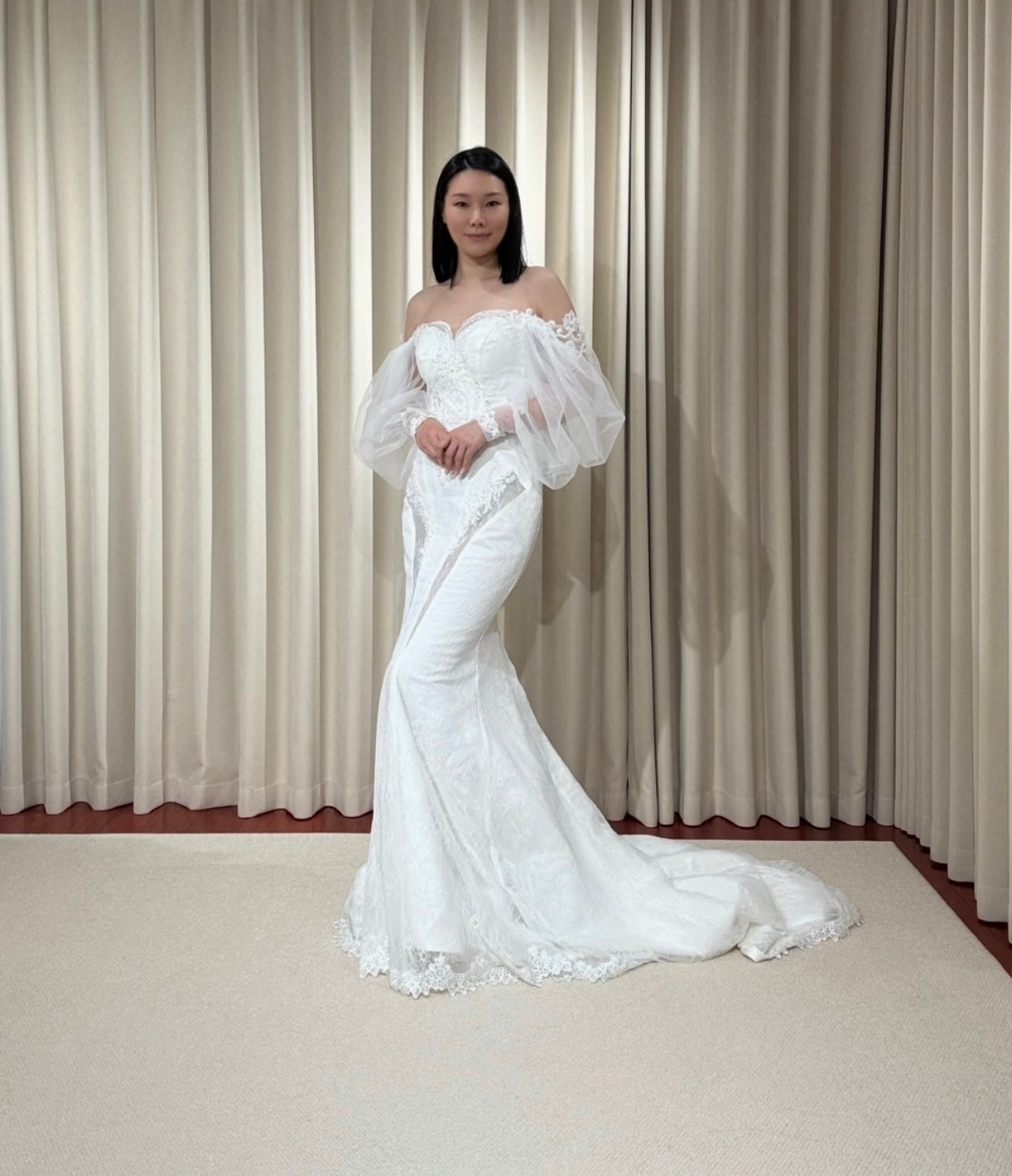 Nova | Long Sleeve Off the Shoulder Lace Mermaid Wedding Dress with detachable Train, Custom Unique Courthouse wedding elope dress, reception dress