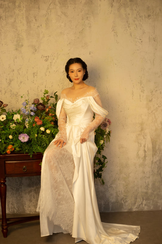 Maria | Minimalist Off the Shoulder Ivory Satin Wedding Dress