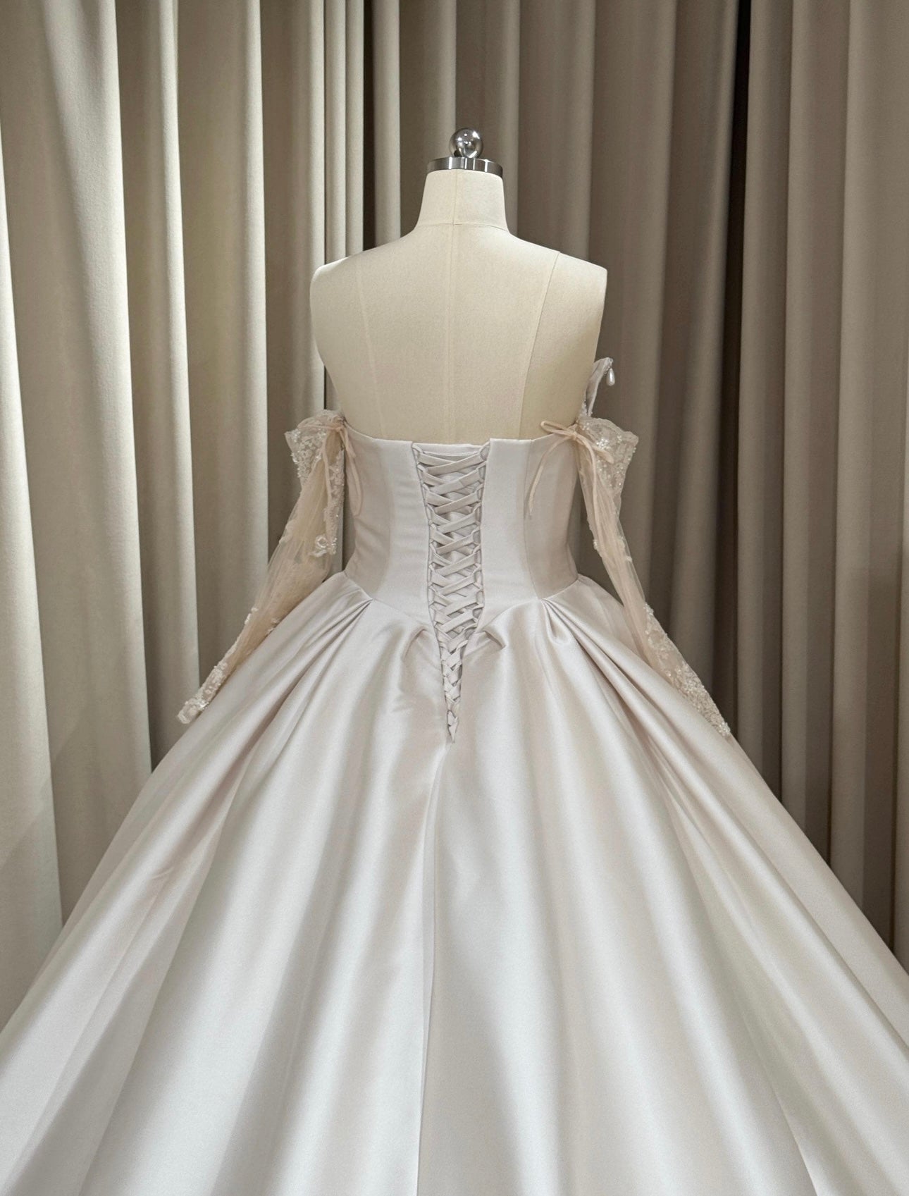 Victoria | Long Sleeve Satin Corset Wedding Dress w Pearls, Classic Romantic Elegant Princess Ball Gown, Custom Modest Courthouse Civil Wedding Dress