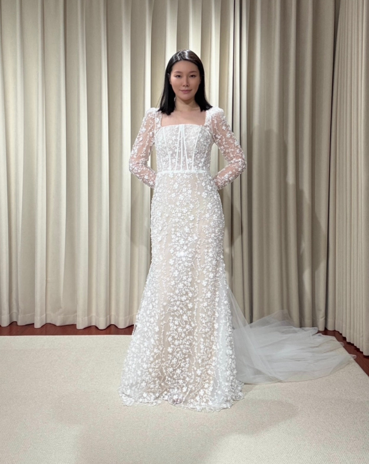 Jessica | Long sleeve corset mermaid wedding dress with 3D flowers, custom unique courthouse wedding dress, fairy elopement reception dress for bride