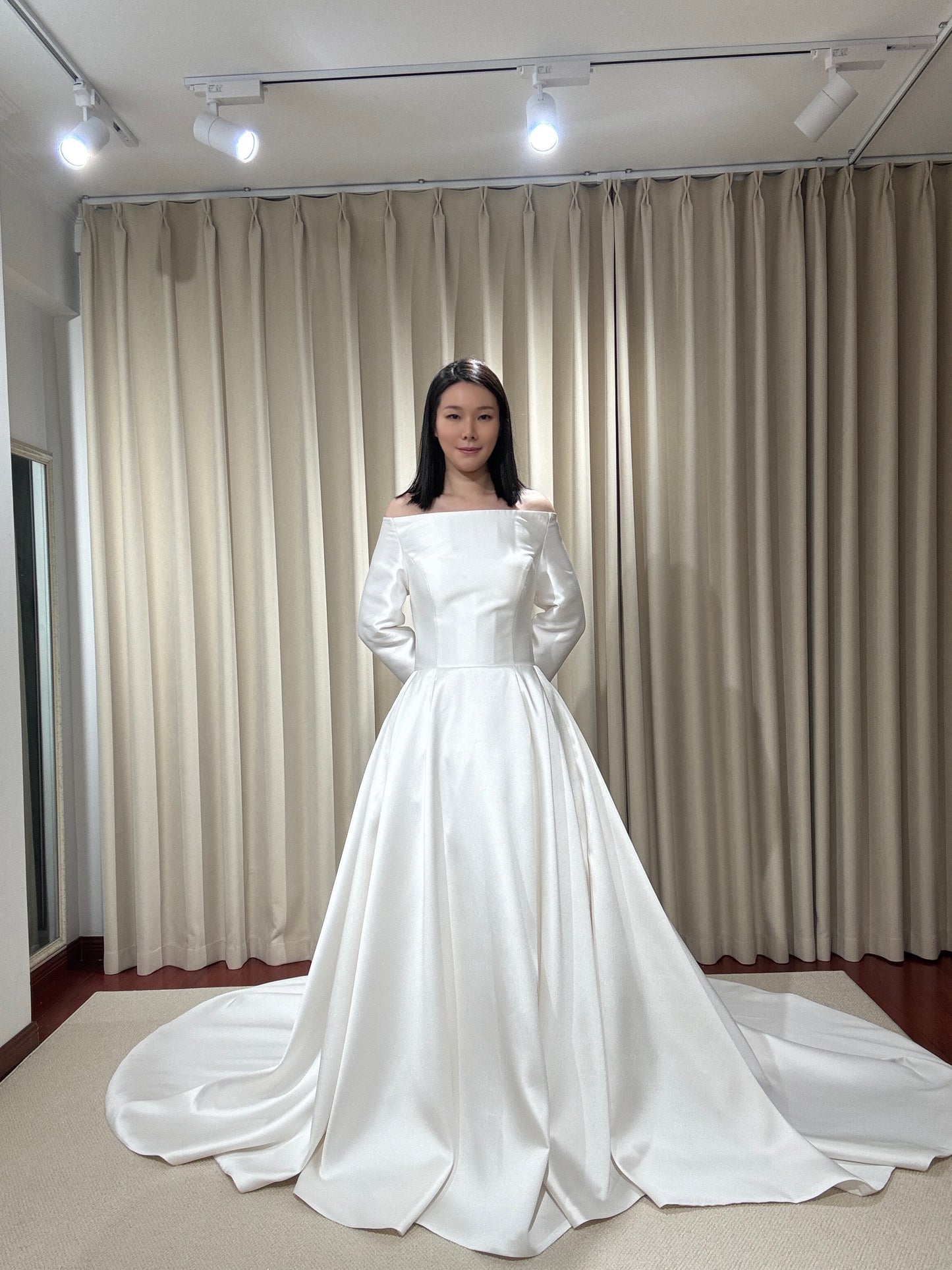 Jasmin | Off the Shoulder Long Sleeve Satin Ball Gown Wedding Dress