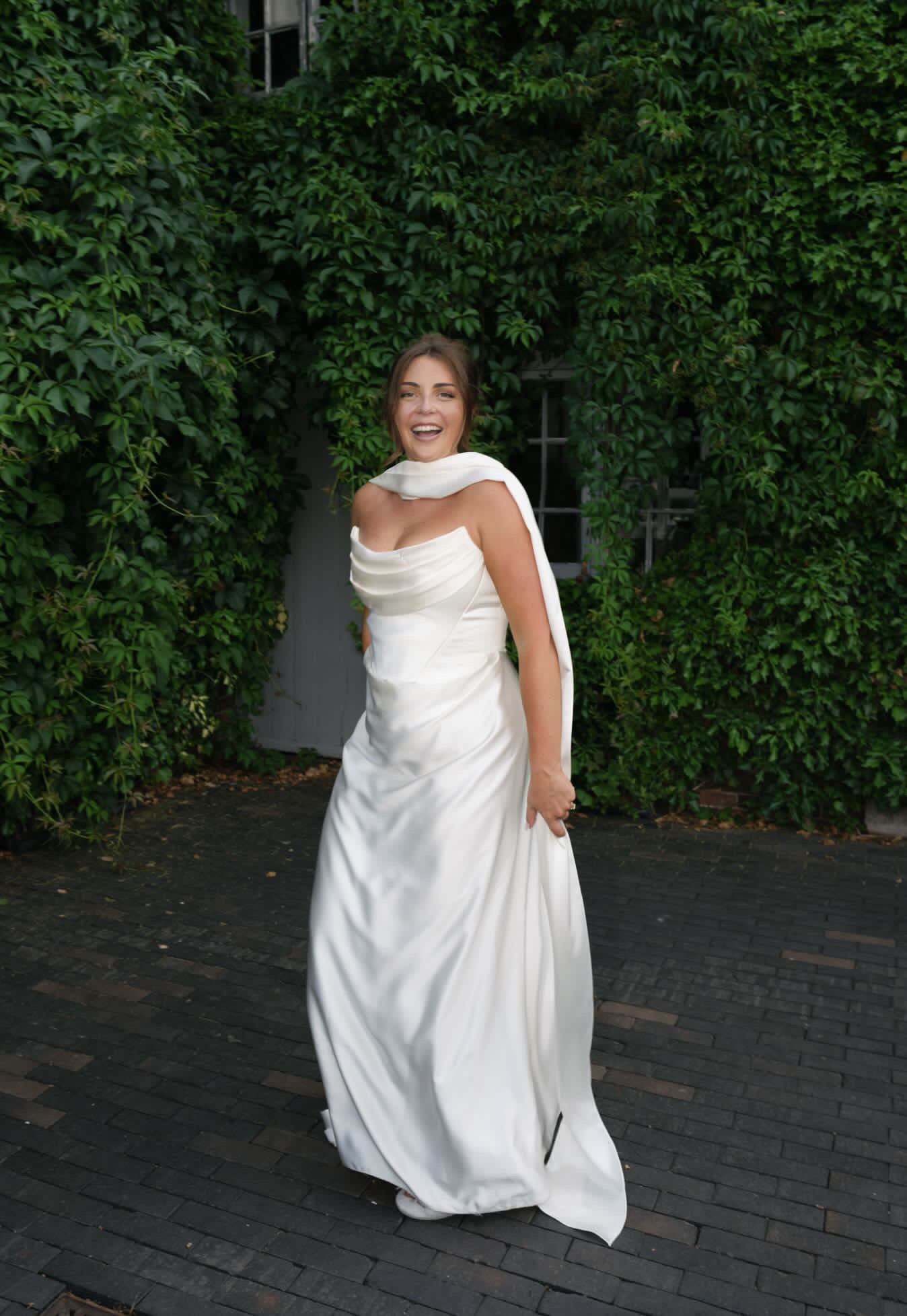 Molly | Minimalist Satin Corset Wedding Dress with Scarf and Detachable Train & Sleeves
