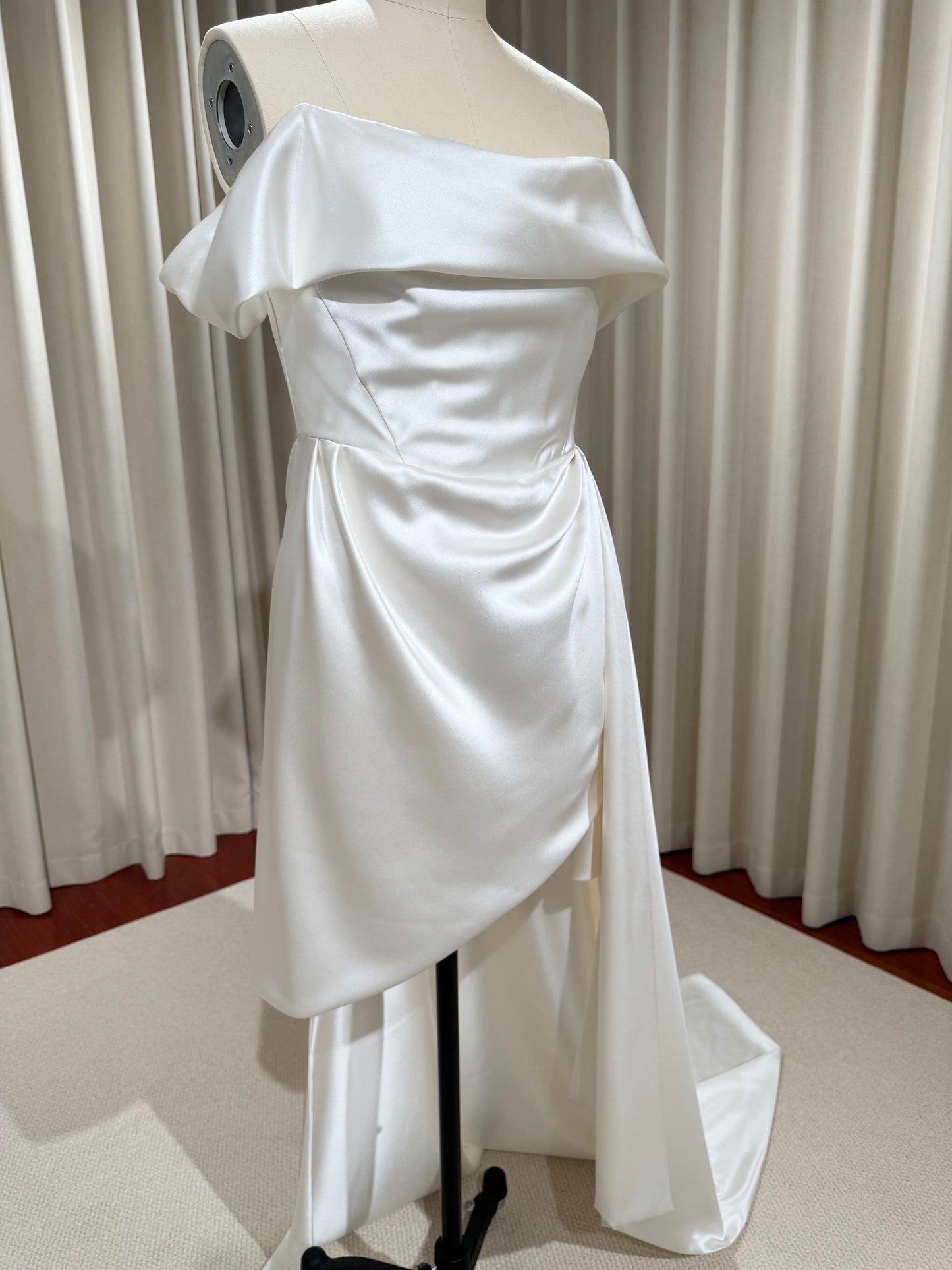 Stella | Minimalist Off the Shoulder High Low Satin Wedding Prom Dress, Custom Simple Elegant Gown Courthouse Civil Wedding Reception Elopement Dress
