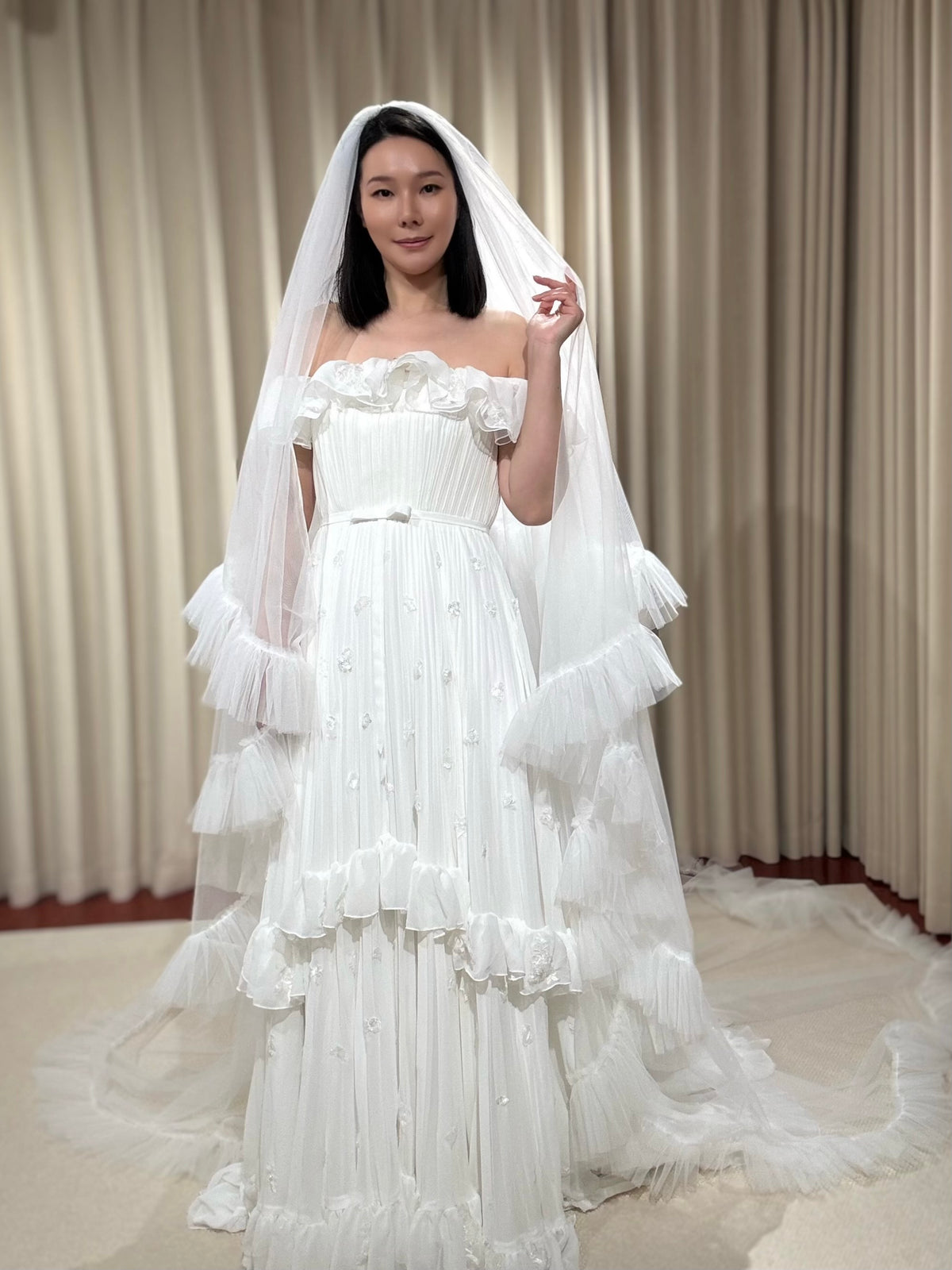 Taylor | Off Shoulder Pleated Wedding Dress with Ruffles