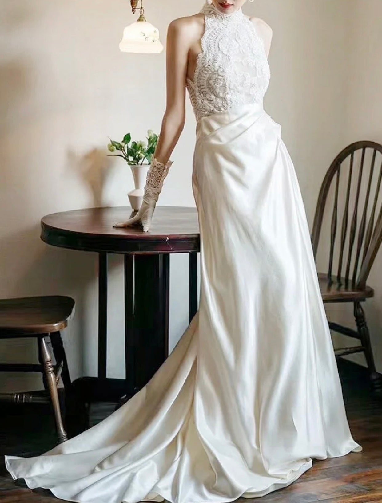 Vintage Style Halter Neck Satin Lace Modest Wedding Bridal Dress, Unique Custom Reception Elopement Gown for Courthouse Civil Wedding