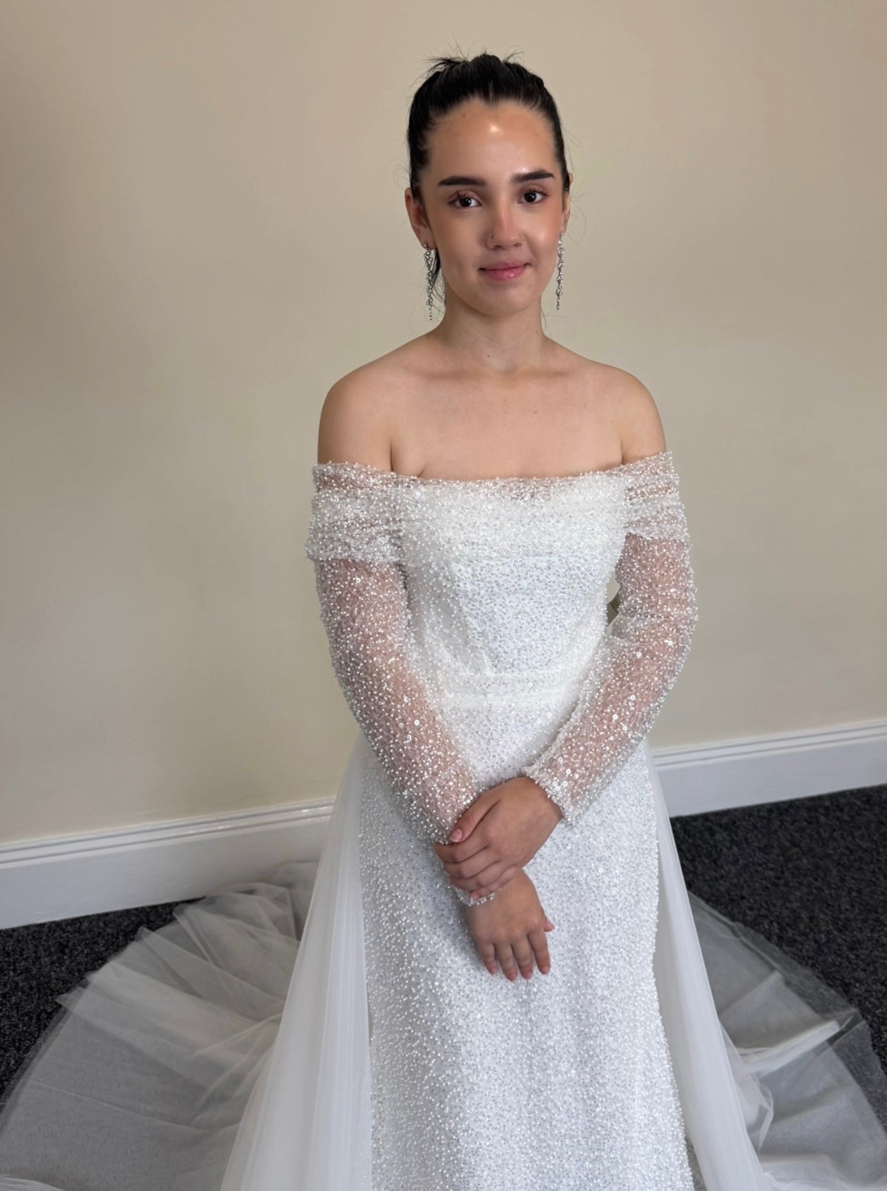 Gloria | Off the Shoulder Long Sleeve Corset Mermaid Wedding Bridal Dress with Detachable Train, Custom sparkling reception dress, courthouse wedding