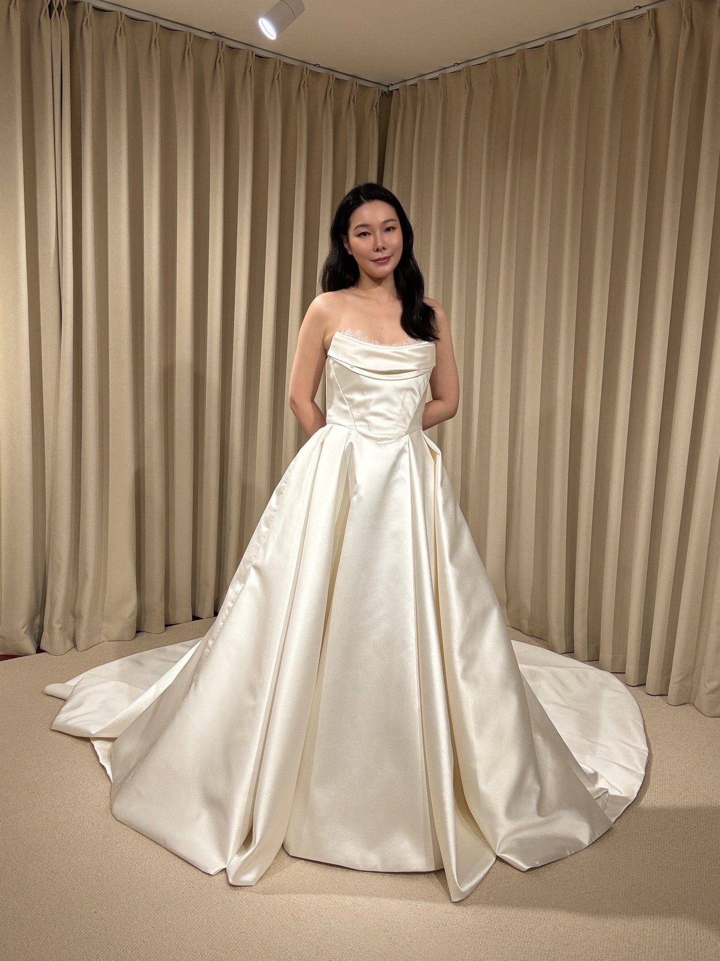 Joanna | Satin Corset Basque Waist Ball Gown Wedding Dress with Detachable Lace Long Sleeves