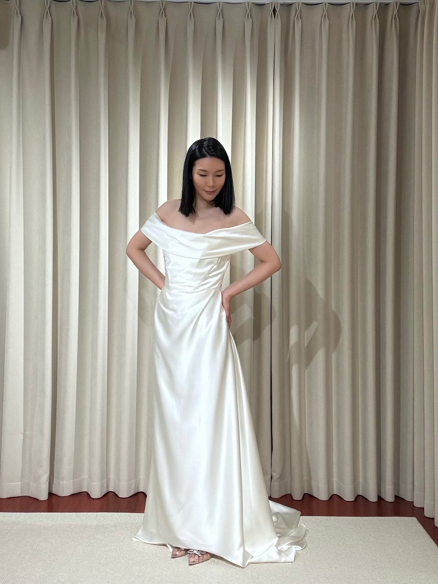 Coco | Off the Shoulder Ivory Satin Wedding Dress