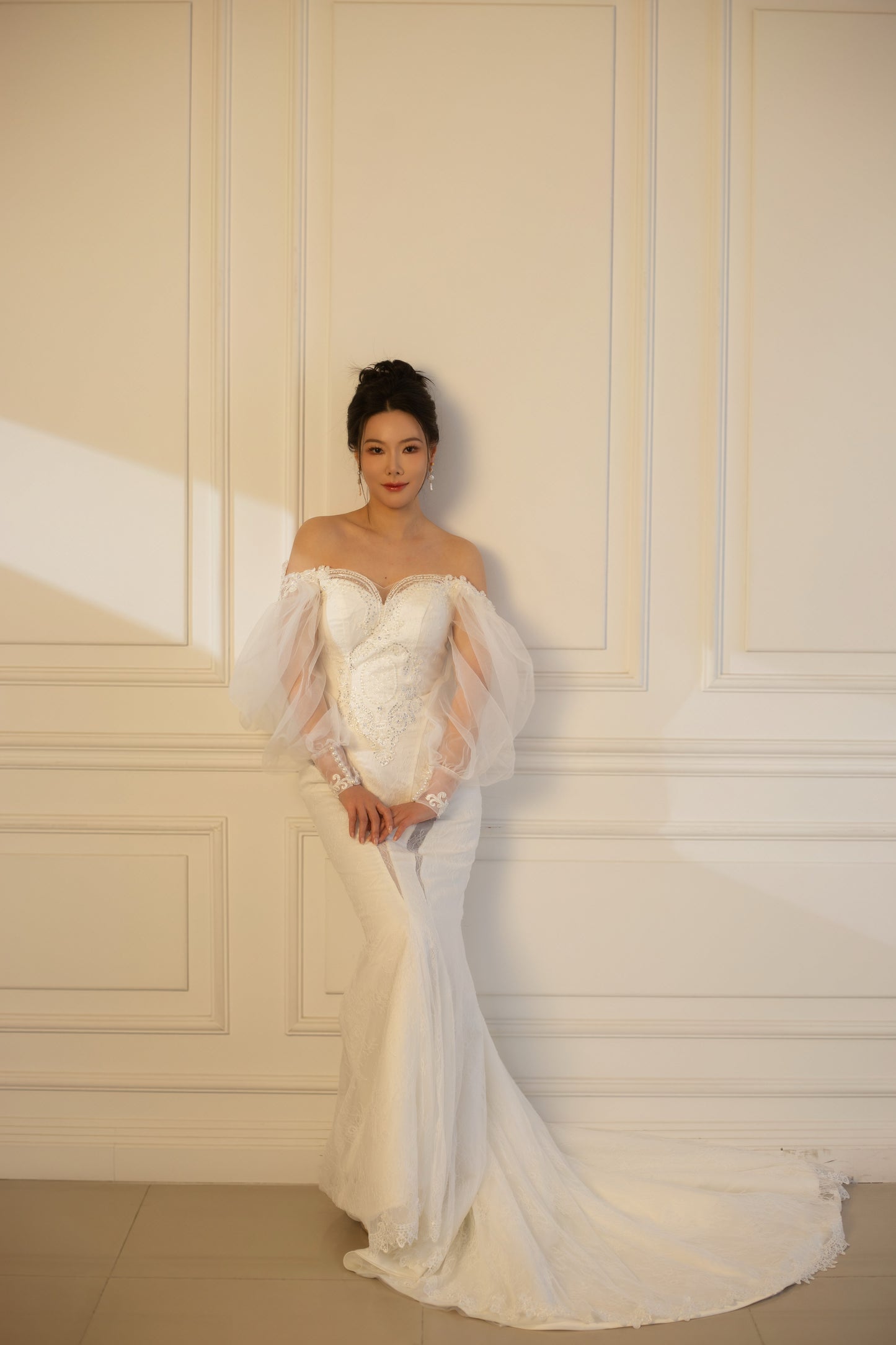 Nova | Long Sleeve Off the Shoulder Lace Mermaid Wedding Dress with Detachable Train