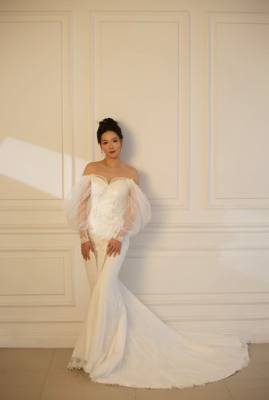 Nova | Long Sleeve Off the Shoulder Lace Mermaid Wedding Dress with detachable Train, Custom Unique Courthouse wedding elope dress, reception dress