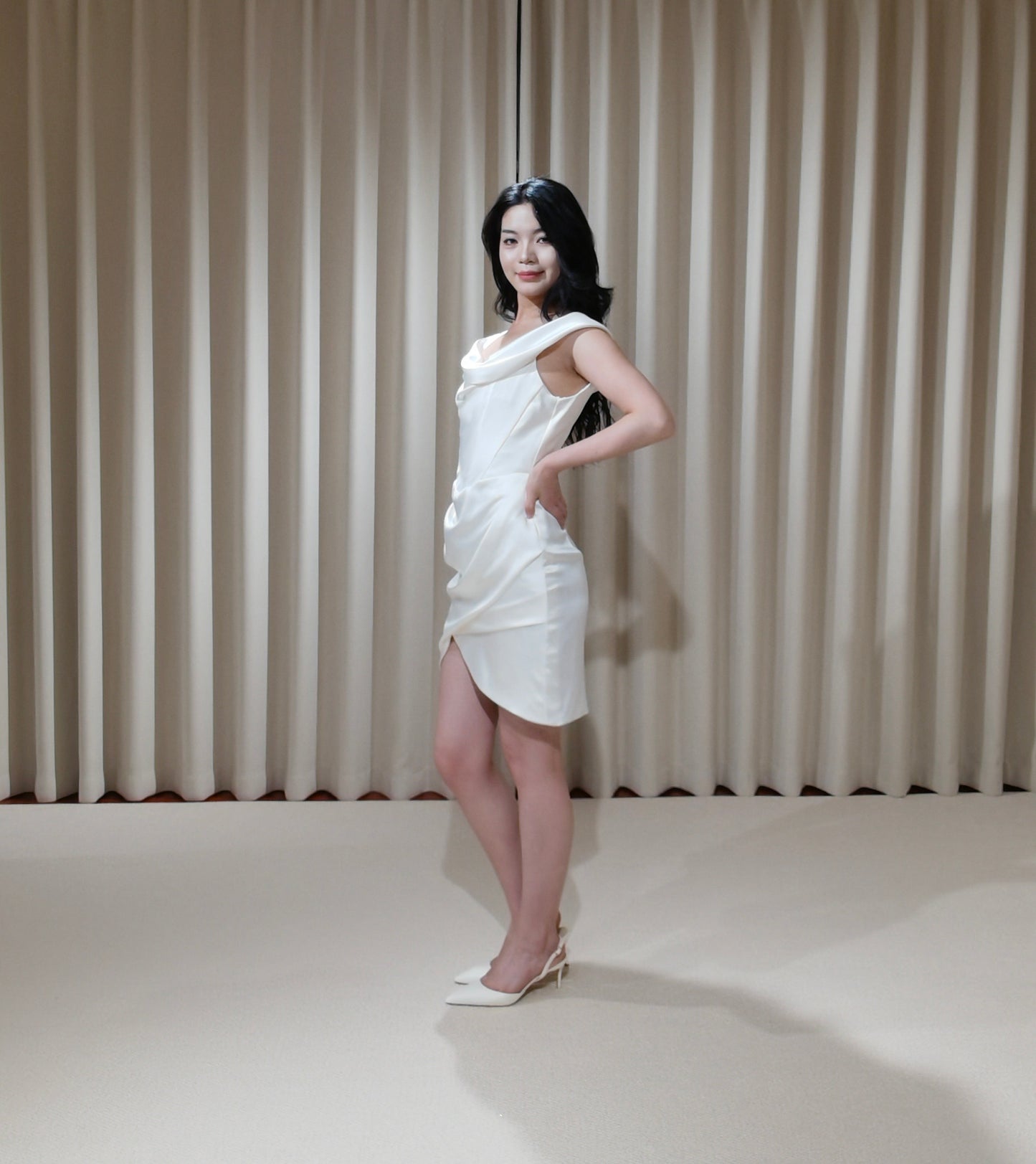 Anna | Minimalist Off the Shoulder Satin Short Wedding Prom Dress, Custom Simple Courthouse Civil Wedding Reception Elopement Dress