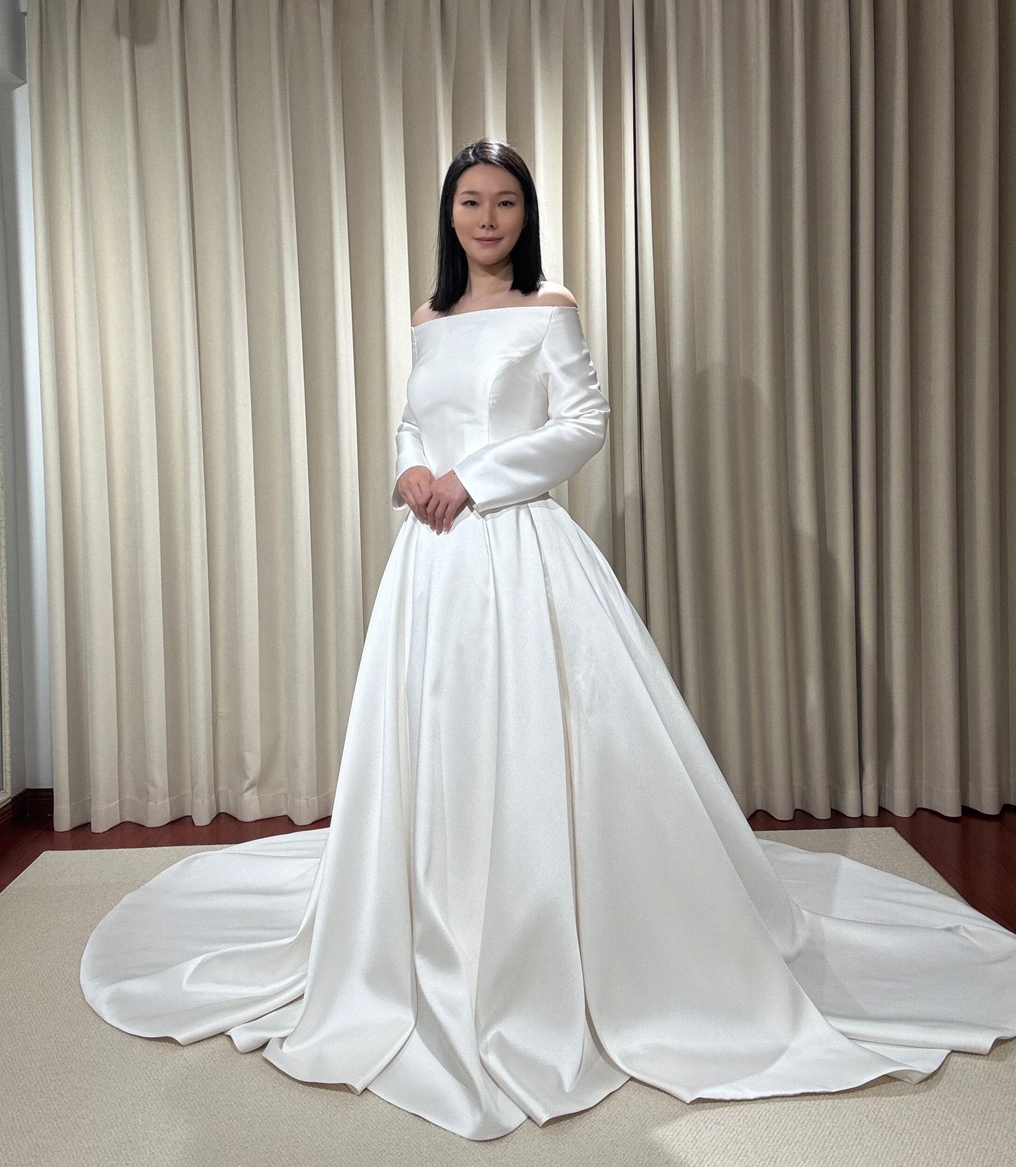 Jasmin | Off the Shoulder Long Sleeve Satin Ball Gown Wedding Dress