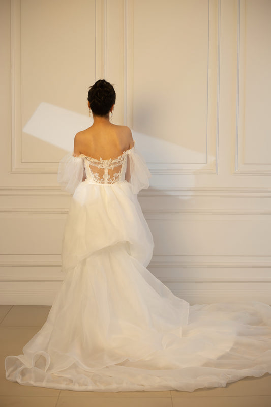 Nova | Long Sleeve Off the Shoulder Lace Mermaid Wedding Dress with Detachable Train