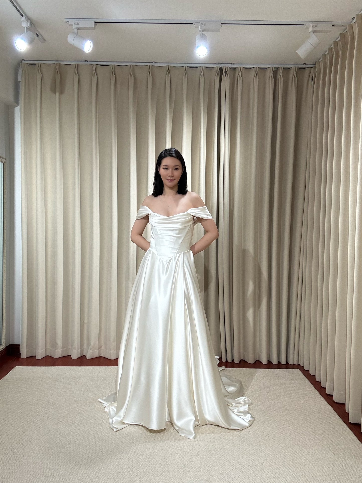 Adrea | Off the Shoulder Satin Corset Basque Waist Ball Gown Wedding Dress