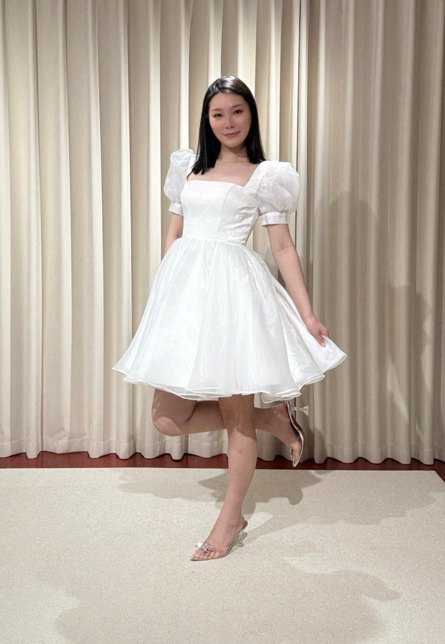 Daisy | Puff Short Sleeve Fairy Organza Mini Wedding Reception Dress, Custom Courthouse Civil Elopement Dress, Rehearsal Dinner Bridal Shower Engagement Gown