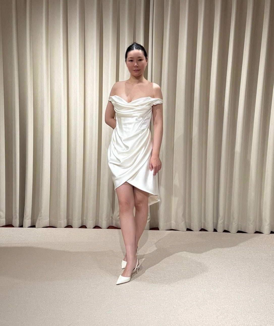 Blaire | Minimalist Off Shoulder Satin Corset Short Wedding Dress