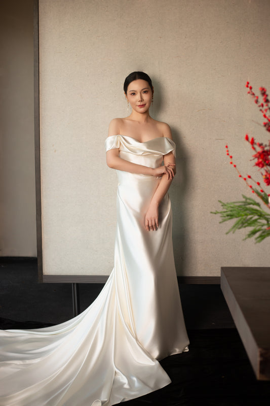 Lamia | Minimalist Off Shoulder Satin Corset Wedding Bridal Dress, Custom Simple Modest Courthouse Civil Wedding Reception Elopement Gown
