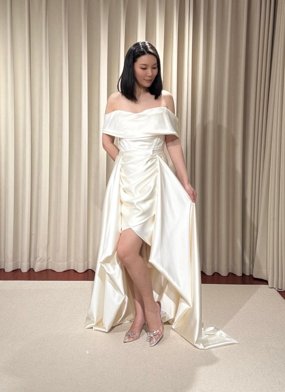 Alex | Minimalist Off the Shoulder Satin Wedding Prom Dress w Detachable Train, Custom Simple Courthouse Civil Wedding Reception Elopement Dress