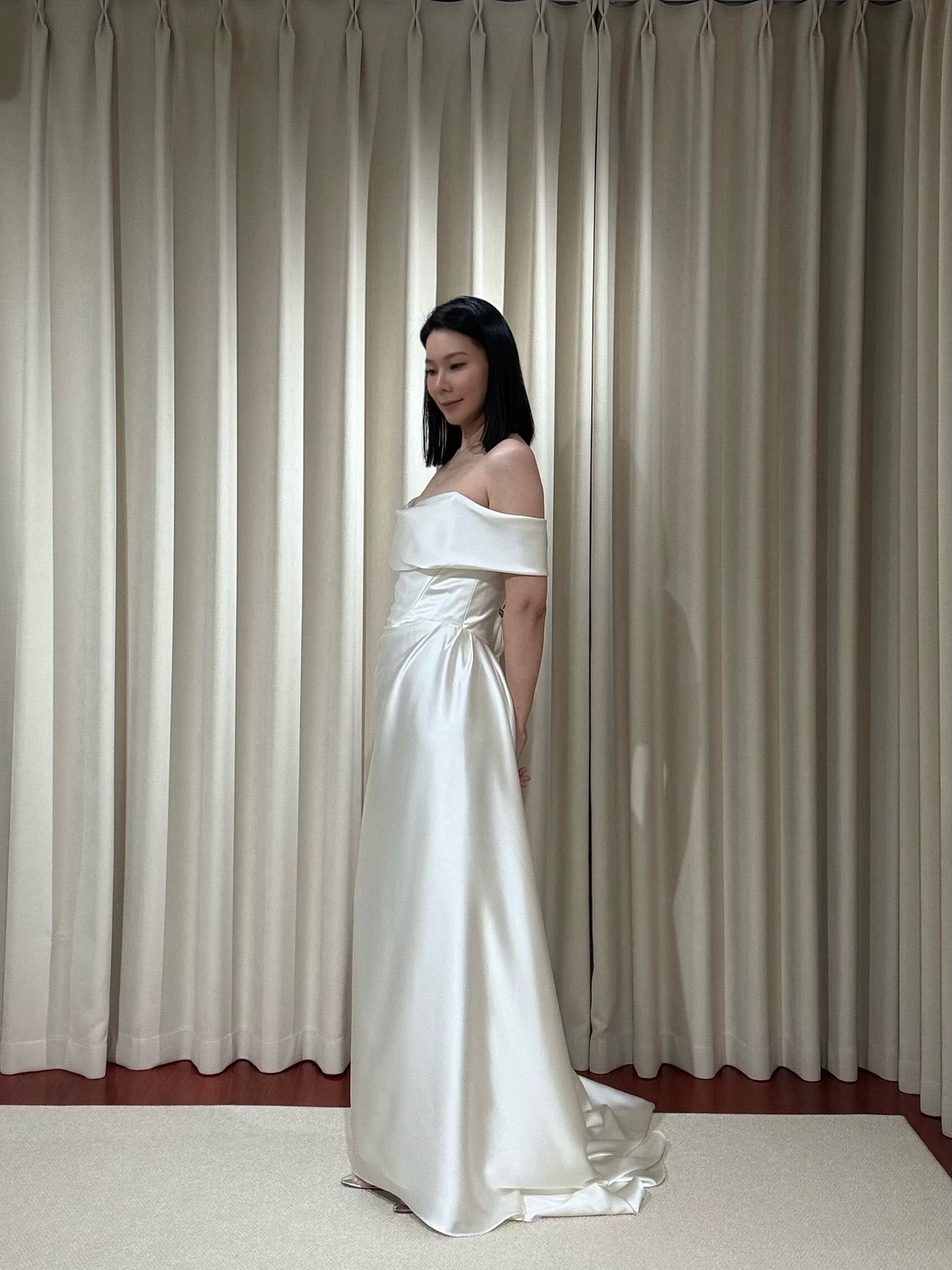 Coco | Off the Shoulder Ivory Satin Wedding Dress