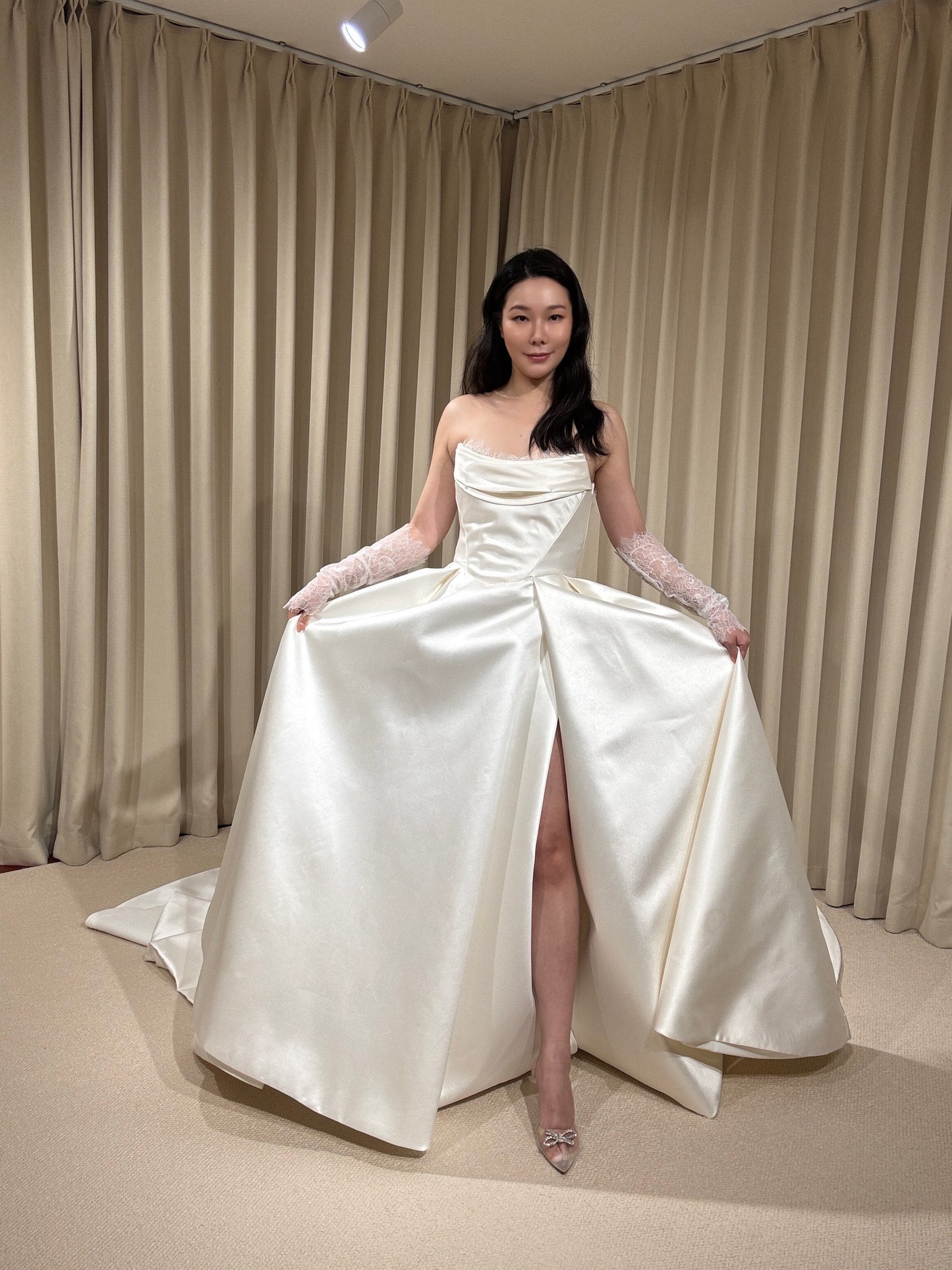 Joanna | Satin Corset Basque Waist Ball Gown Wedding Dress with Detachable Lace Long Sleeves