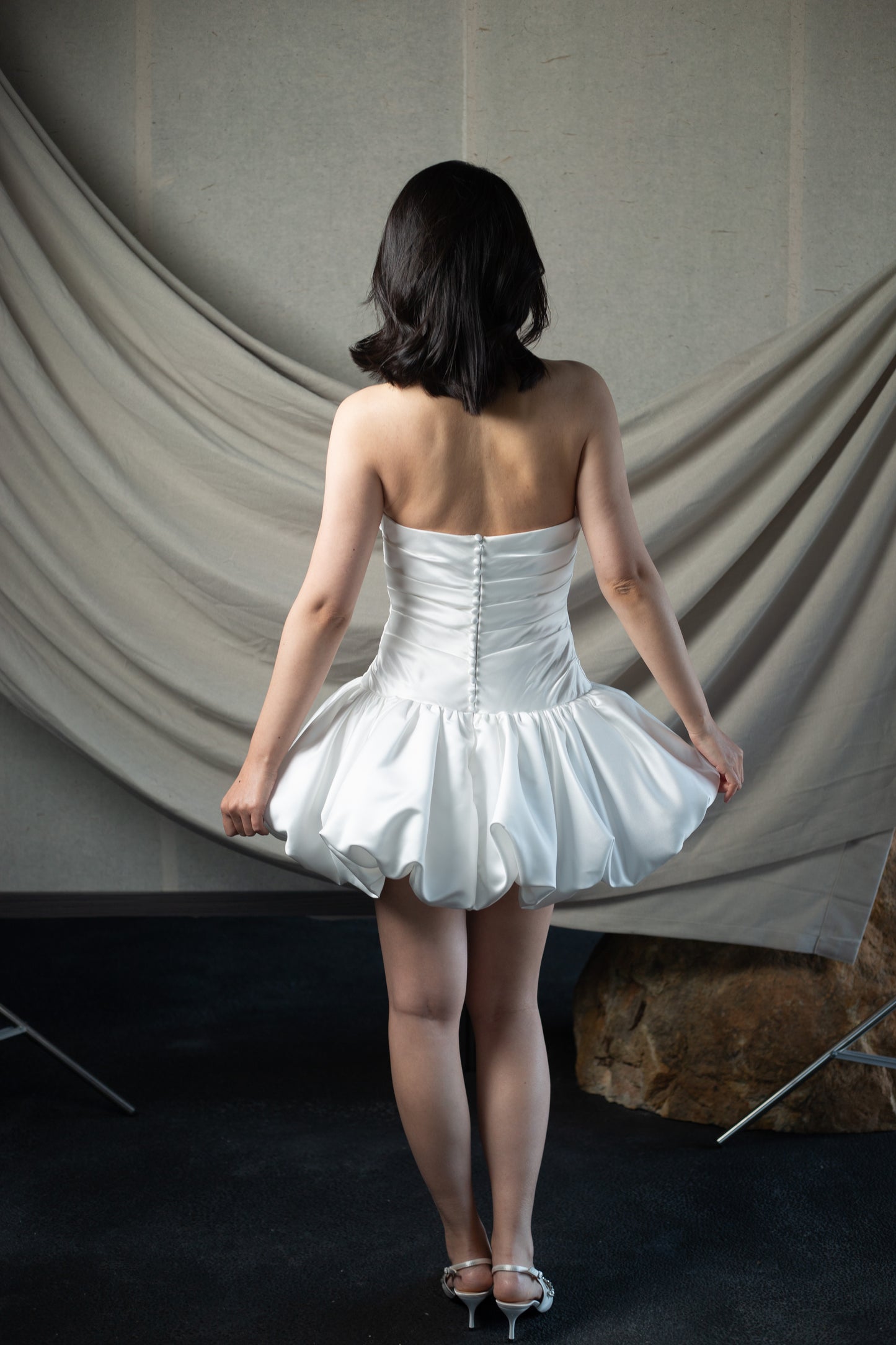 Emily | Minimalist drop waist satin short wedding dress, Rehearsal dinner simple mini dress, Custom Elopement Dress, Bridal shower Engagement dress