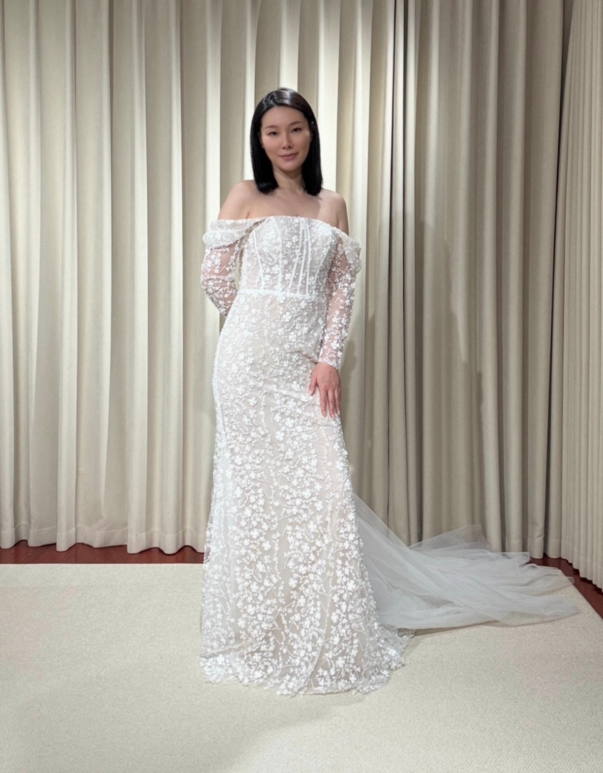 Jessica | Long sleeve corset mermaid wedding dress with 3D flowers, custom unique courthouse wedding dress, fairy elopement reception dress for bride