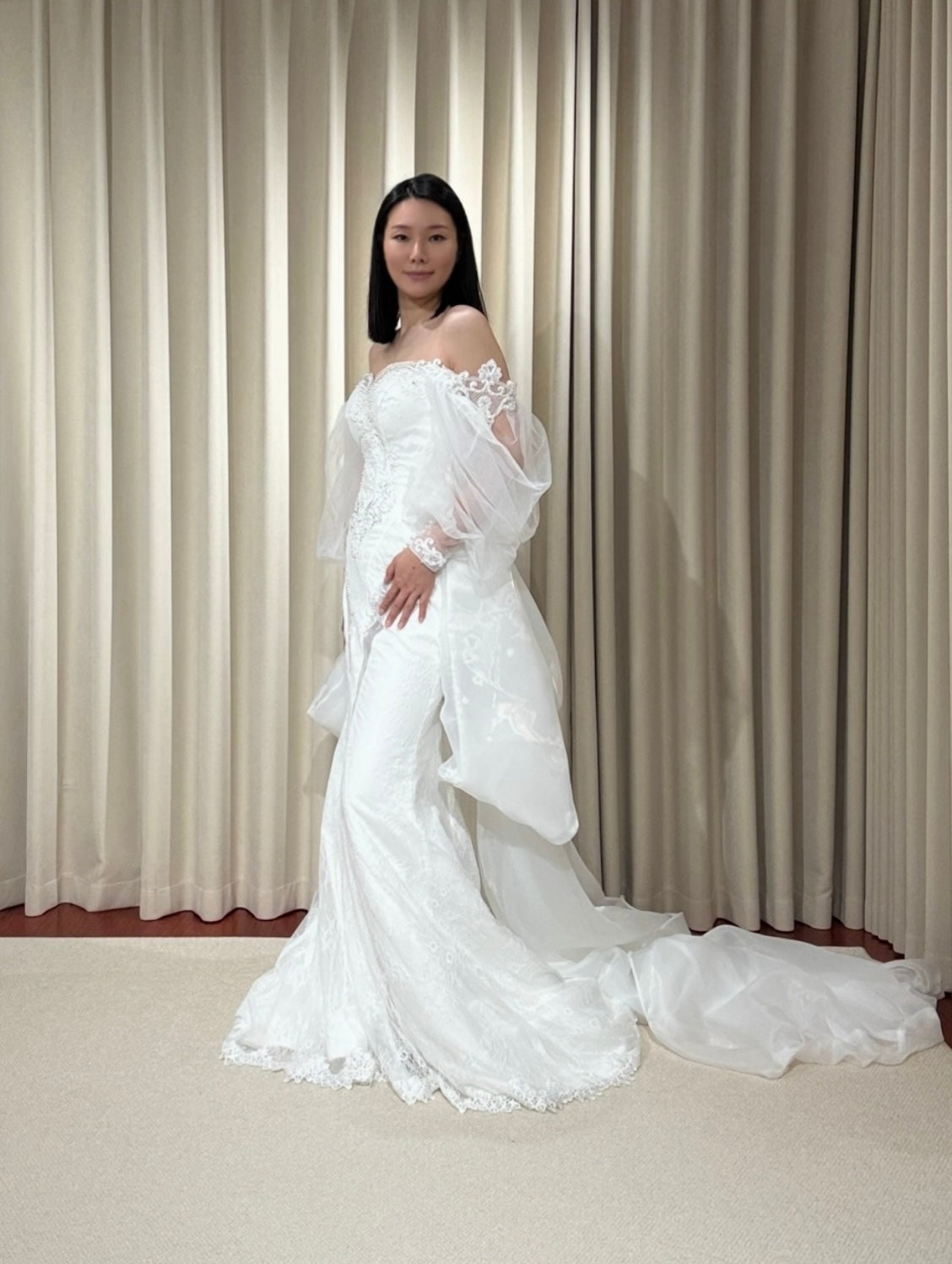 Nova | Long Sleeve Off the Shoulder Lace Mermaid Wedding Dress with detachable Train, Custom Unique Courthouse wedding elope dress, reception dress