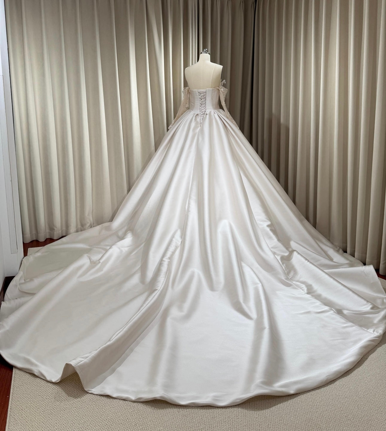 Victoria | Long Sleeve Satin Corset Wedding Dress w Pearls, Classic Romantic Elegant Princess Ball Gown, Custom Modest Courthouse Civil Wedding Dress