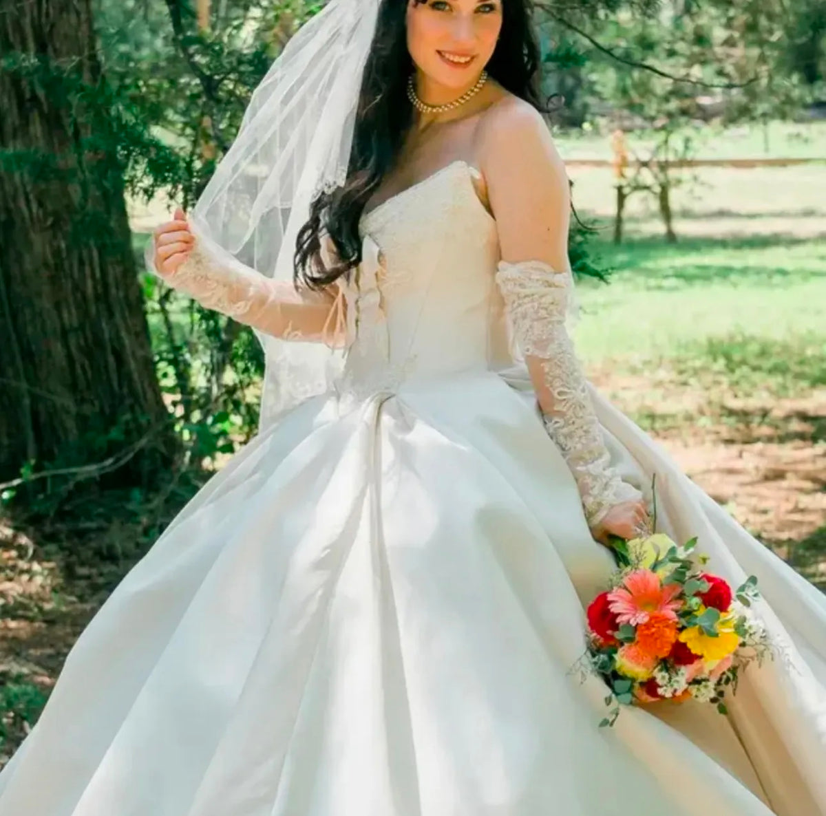 Victoria | Detachable Lace Long Sleeve Satin Corset Ball Gown Wedding Dress