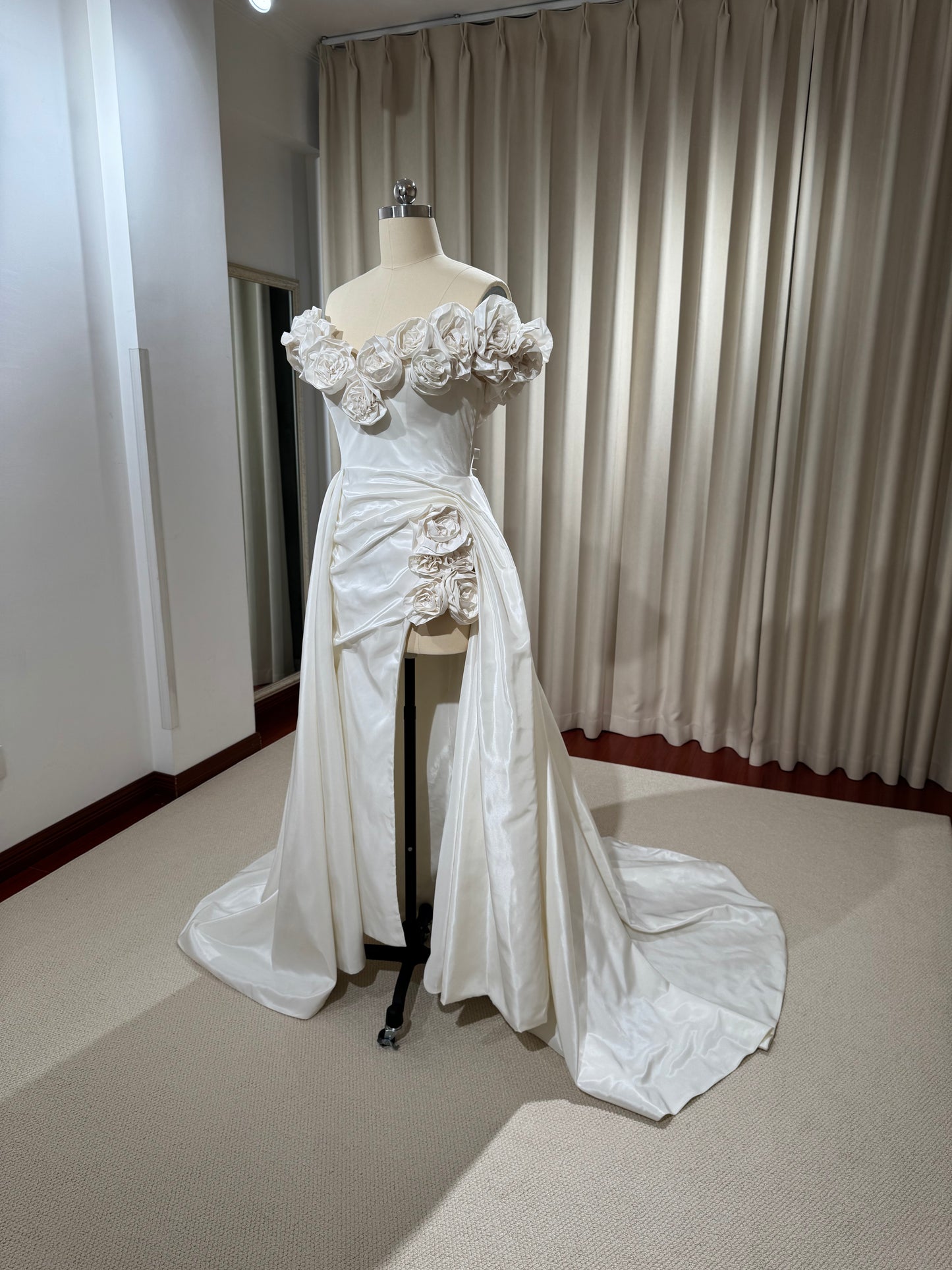 Margott | Off-the-Shoulder Taffeta Wedding Dress with 3D Floral Detail & Front Slit