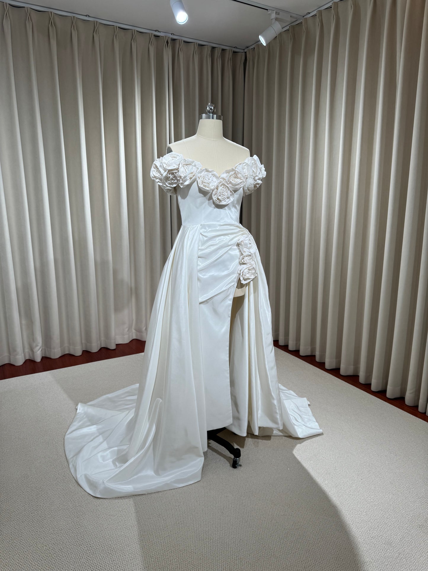 Margott | Off-the-Shoulder Taffeta Wedding Dress with 3D Floral Detail & Front Slit