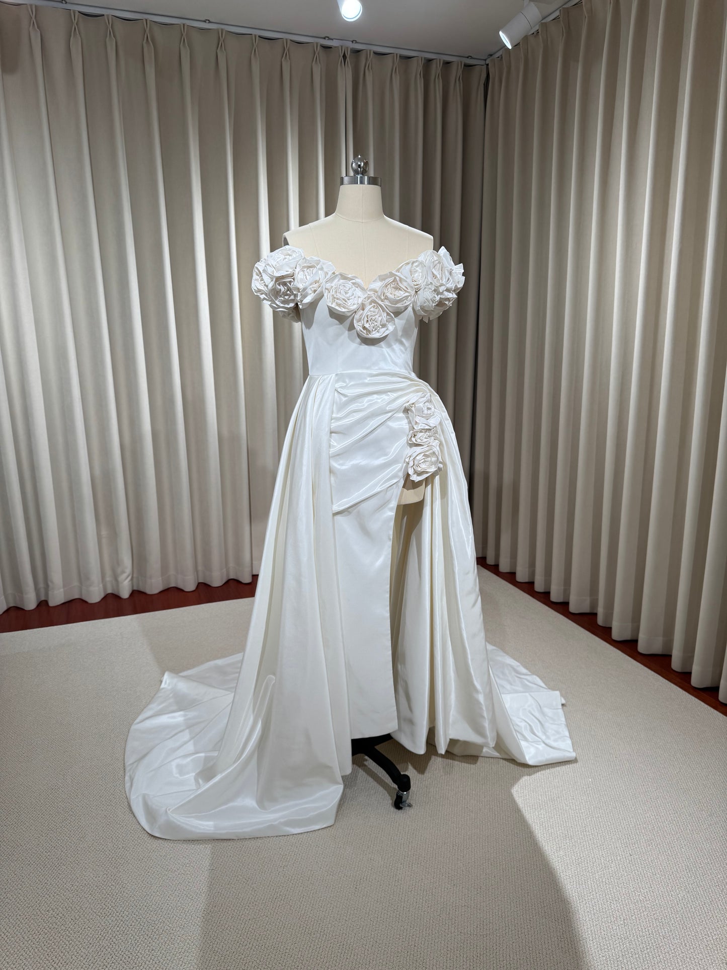 Margott | Off-the-Shoulder Taffeta Wedding Dress with 3D Floral Detail & Front Slit