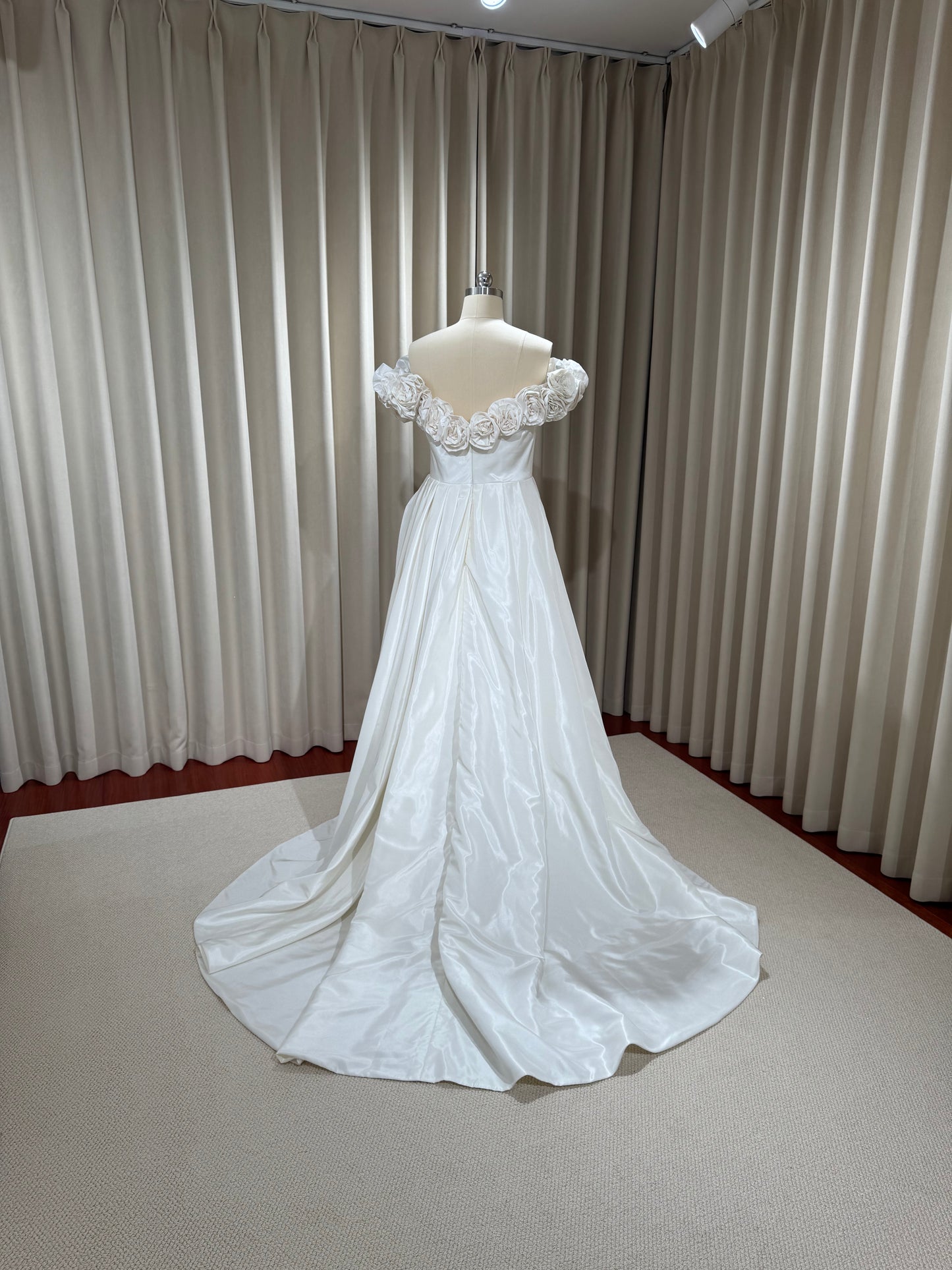 Margott | Off-the-Shoulder Taffeta Wedding Dress with 3D Floral Detail & Front Slit