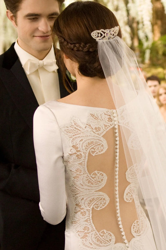 Custom Twilight Bella’s Ivory Satin Lace Back Wedding Bridal Dress, Minimalist Long Sleeve A-Line Elegant Party Gown