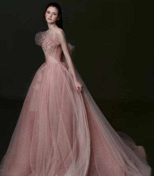 Pink Fairy A-line Tulle Wedding Dress with Handmade Flower Romantic Boho Lolita Princess Bridal Prom Party Gown